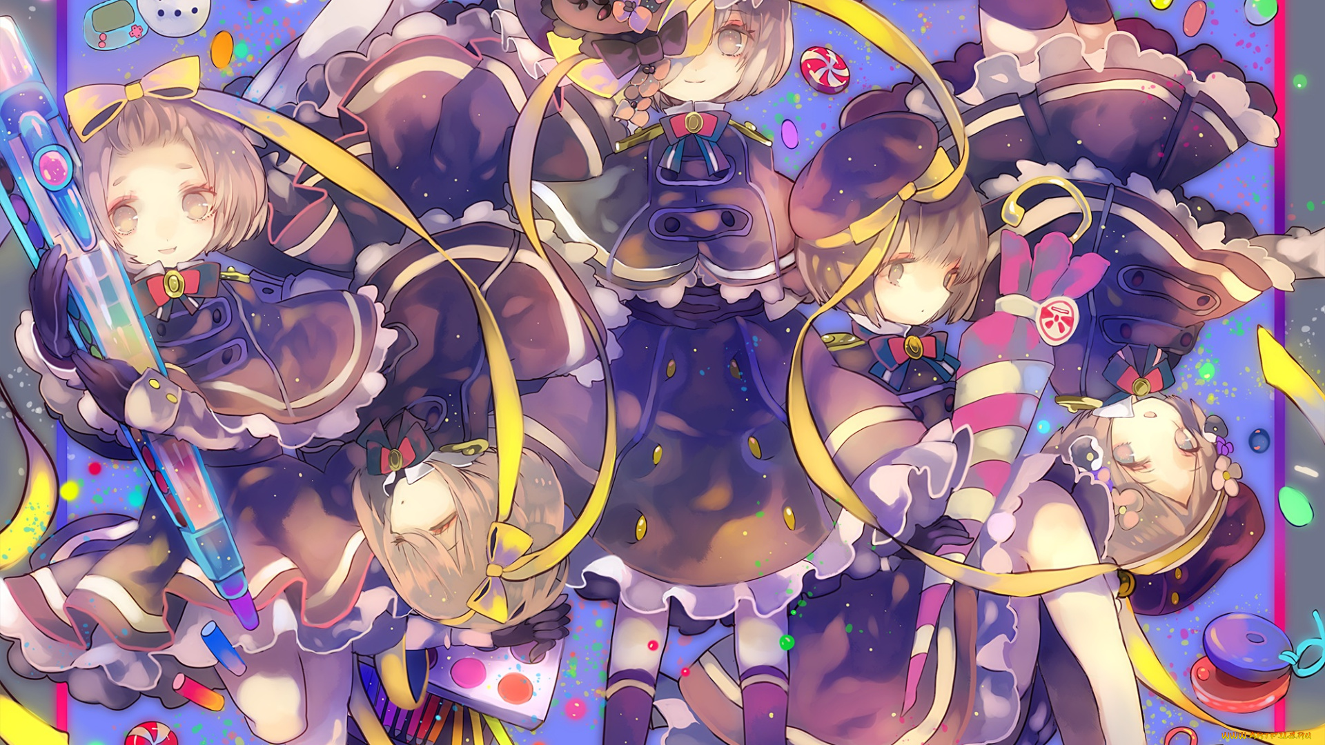 аниме, unknown, , другое, арт, cha, goma, банты, ленты, карандаши, ручки, краски, девушки, ярко