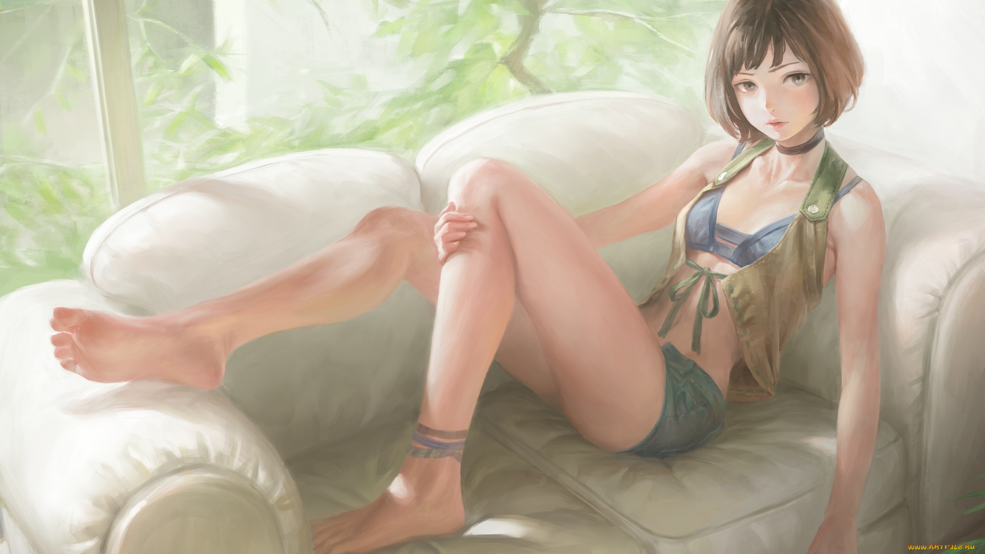 аниме, unknown, , другое, арт, окно, листья, ветки, диван, комната, nababa, растения, девушка