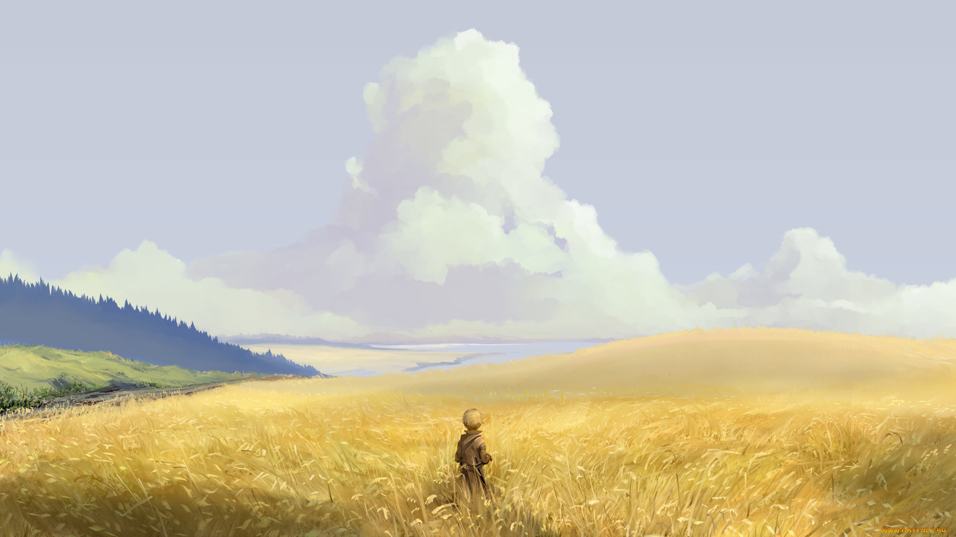 аниме, unknown, , другое, лес, облака, небо, природа, поле, парень, hangmoon, арт