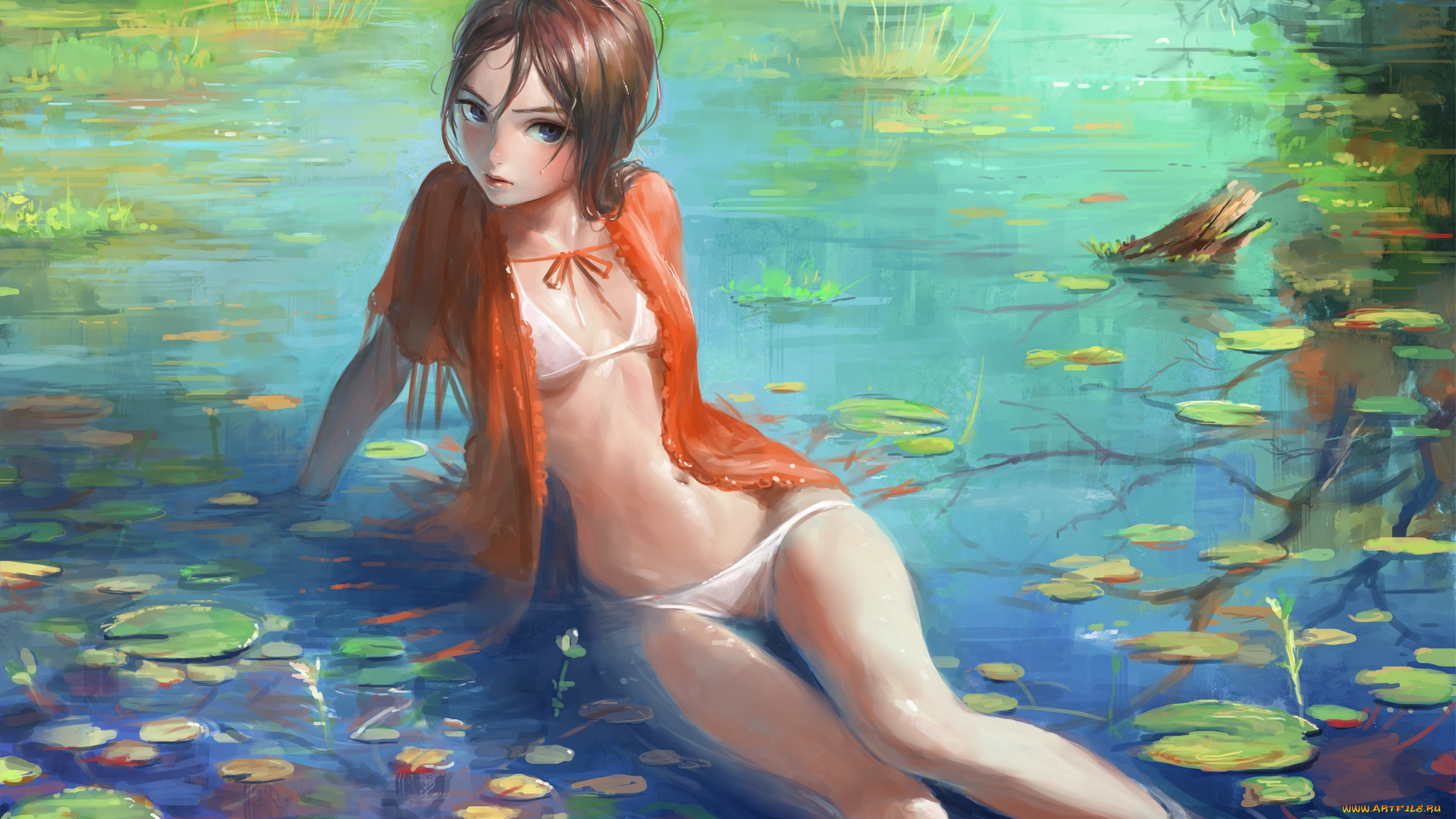 аниме, unknown, , другое, сырость, взгляд, растения, девушка, арт, nababa, вода