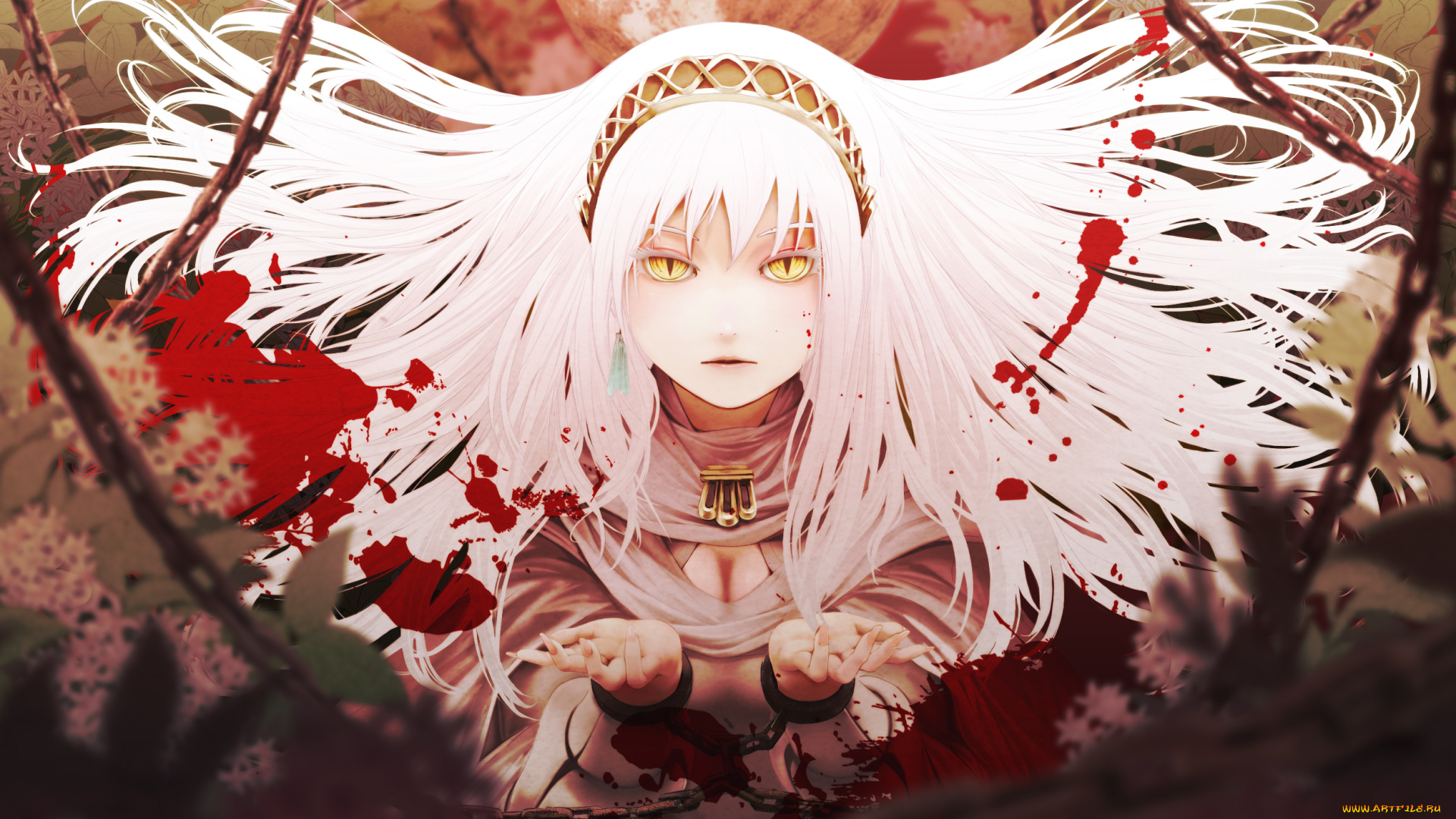 аниме, vocaloid, цепь, девушка, nekoita, megurine, luka, луна, кровь