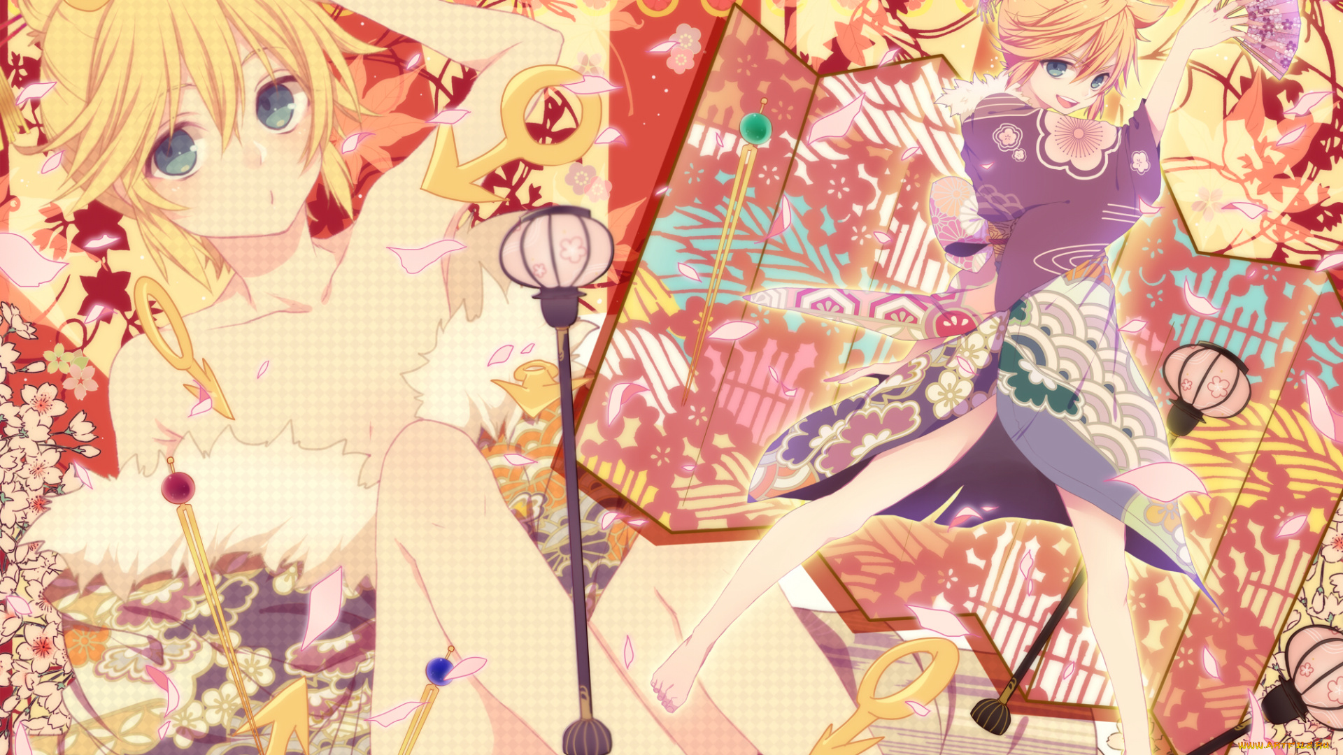 аниме, vocaloid, kagamine, len, парень, вокалоид, кимоно, веер