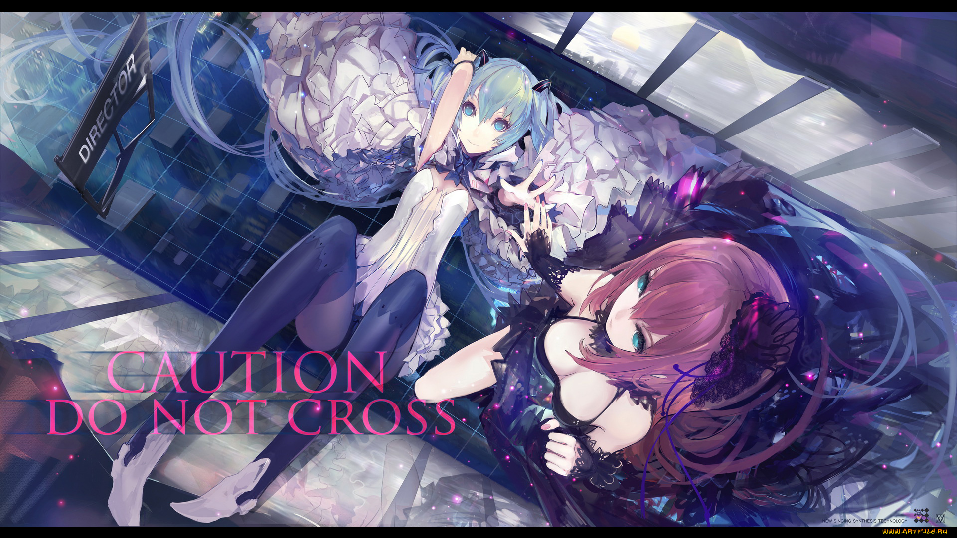 аниме, vocaloid, солнце, город, отражение, плитка, hatsune, miku, kiwamu, девушки, megurine, luka, платье