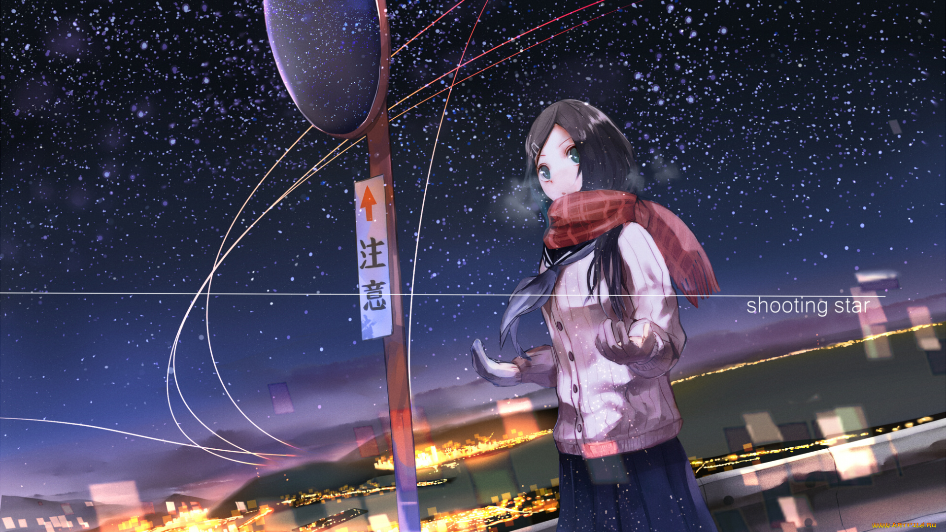 аниме, зима, , новый, год, , рождество, djyui, огни, здания, снег, ночь, небо, зеркало, перчатки, город, улицы, шарф, девушка