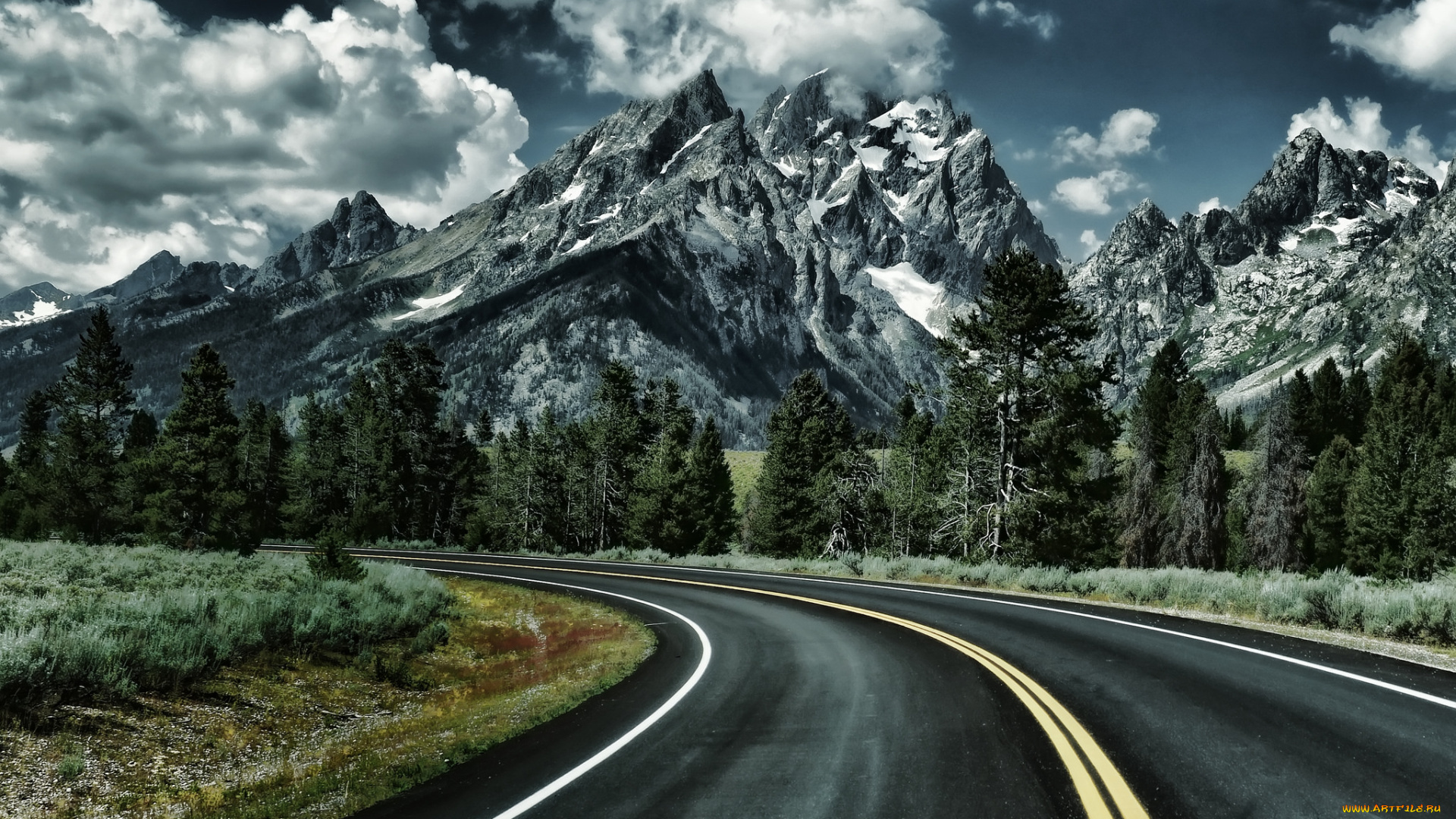 природа, дороги, горы, лес, облака, трасса