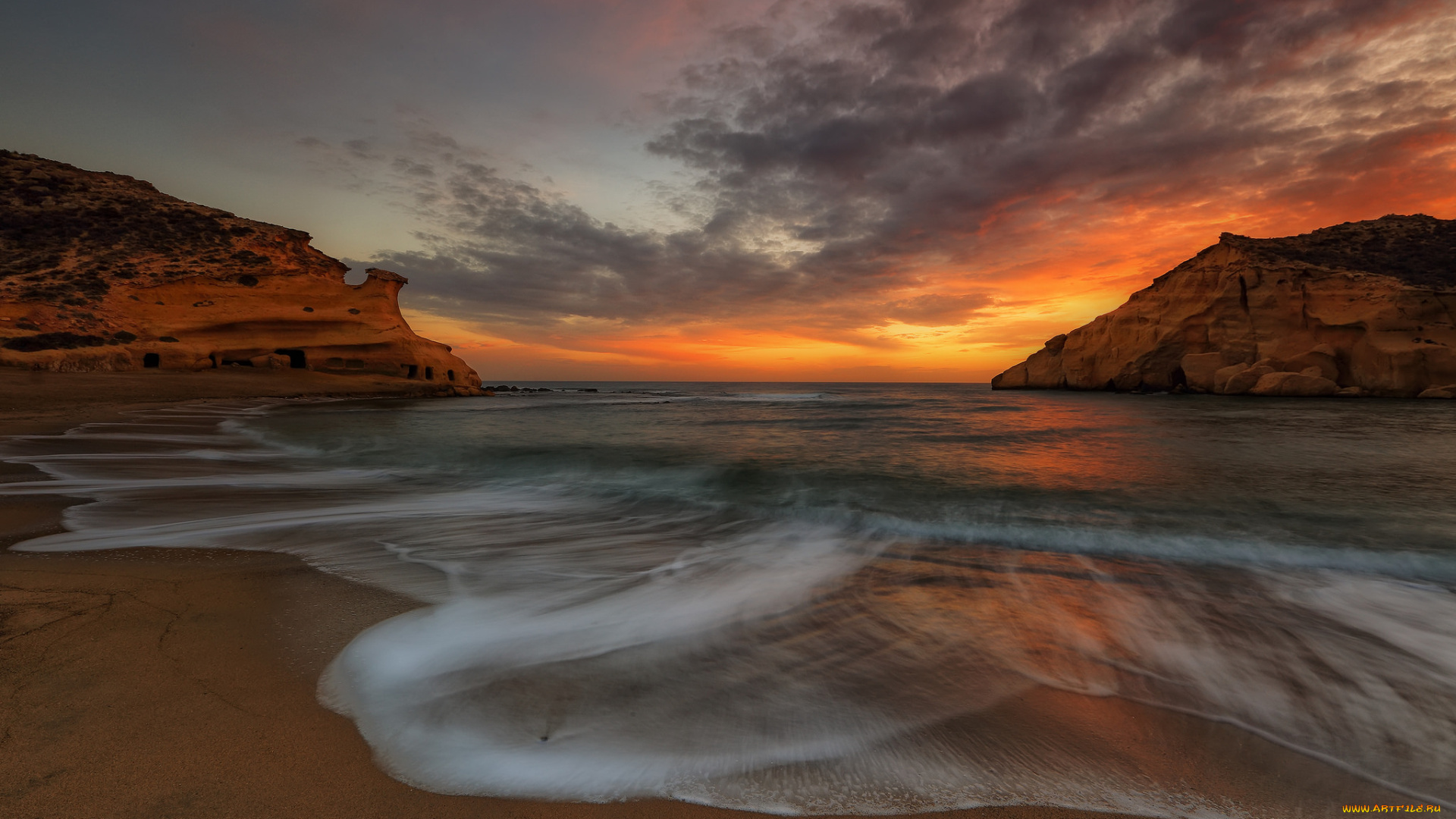 природа, побережье, океан, бухта, скалы, заря