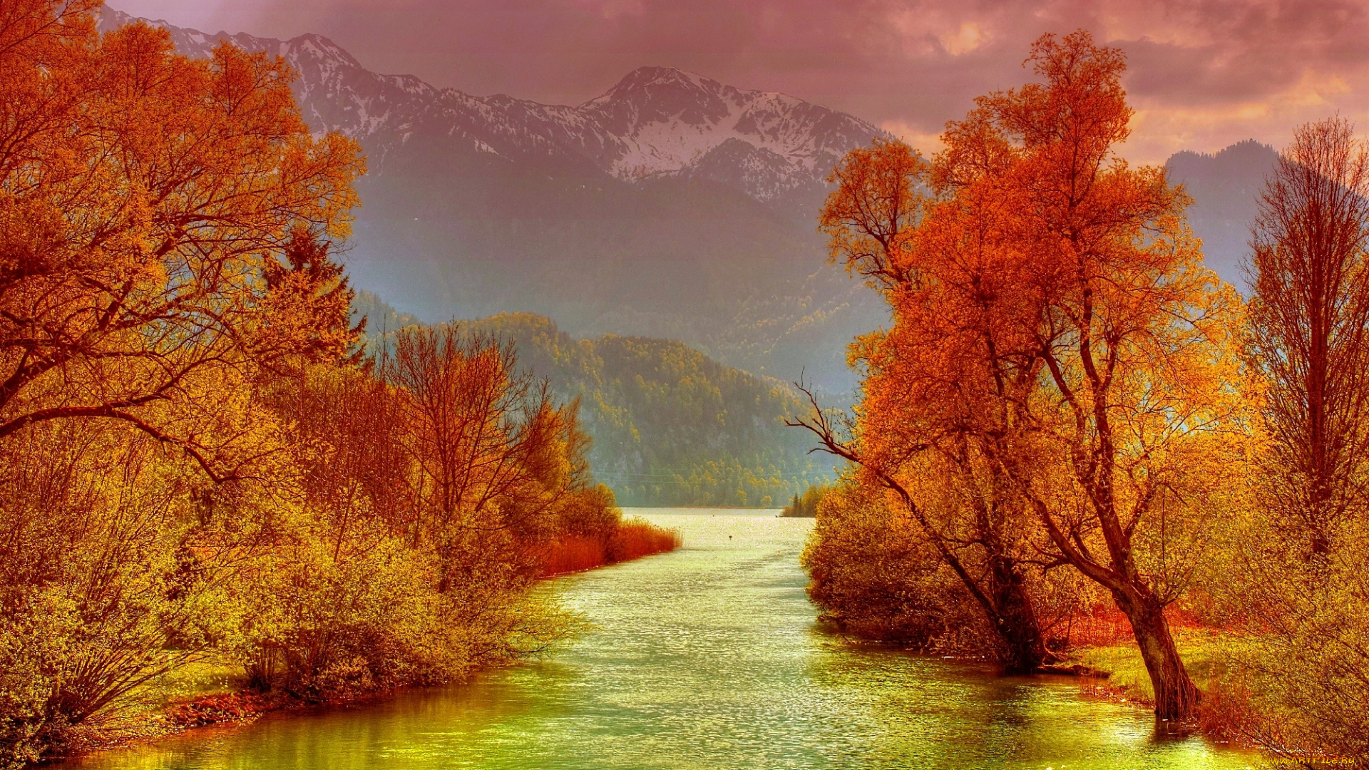 природа, реки, озера, горы, тучи, река