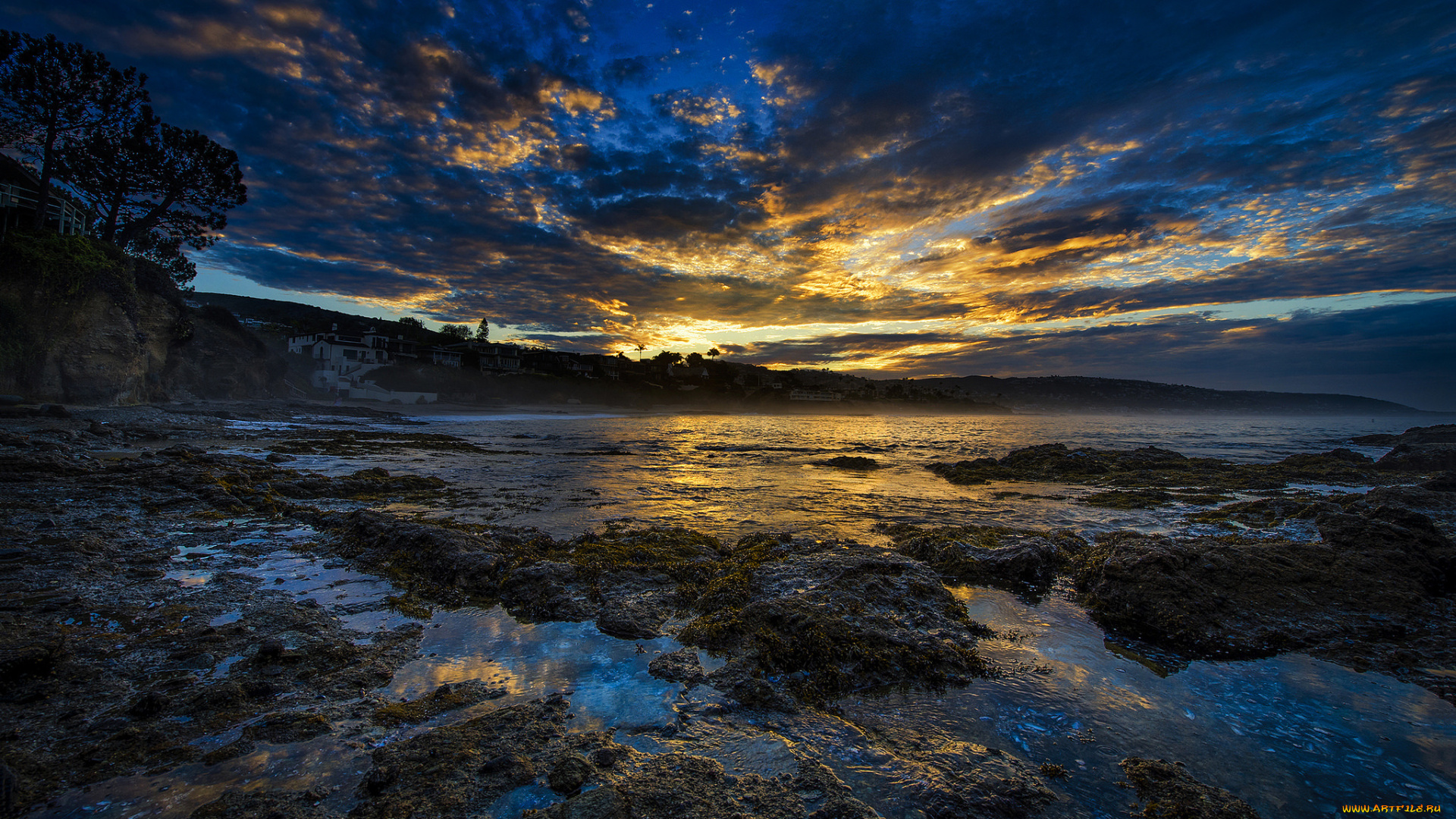 природа, восходы, закаты, небо, облака, закат, горы, озеро, деревья, дом