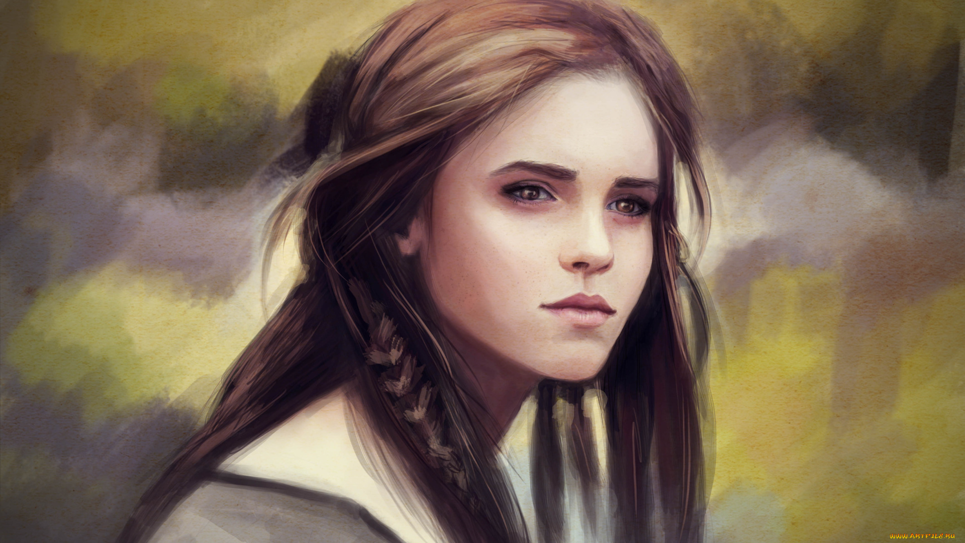 рисованное, кино, шатенка, взгляд, портрет, девушка