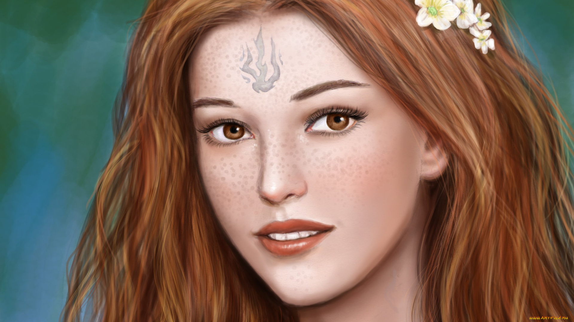 рисованное, люди, арт, живопись, цветы, улыбка, волосы, взгляд, лицо, девушка