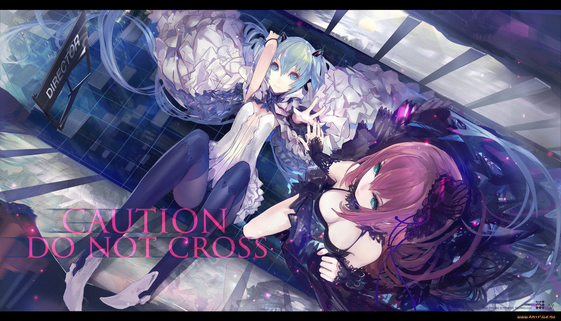 аниме, vocaloid, солнце, город, отражение, плитка, hatsune, miku, kiwamu, девушки, megurine, luka, платье