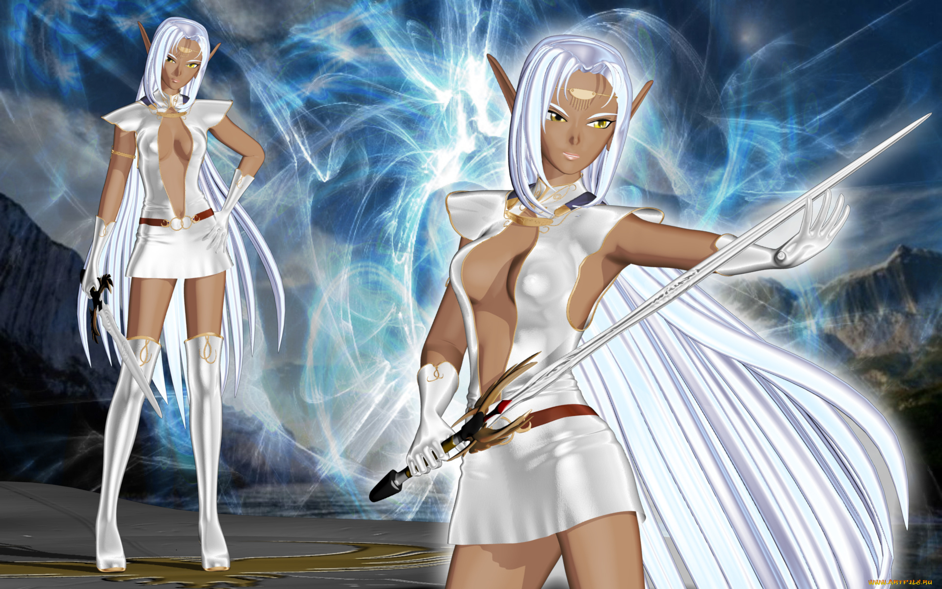 3д, графика, эльфы, , elves, эльфийки, оружие, фон, взгляд