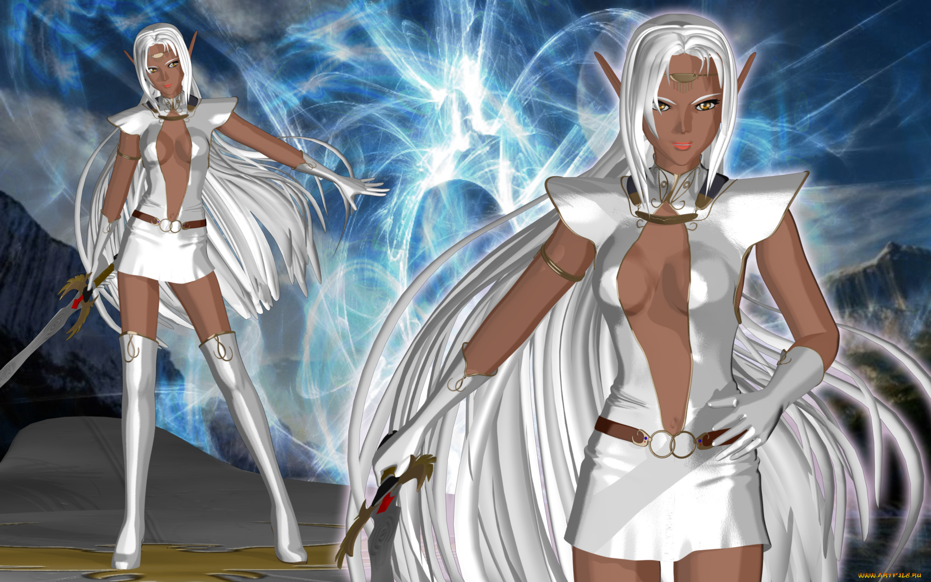 3д, графика, эльфы, , elves, фон, взгляд, эльфийки, оружие