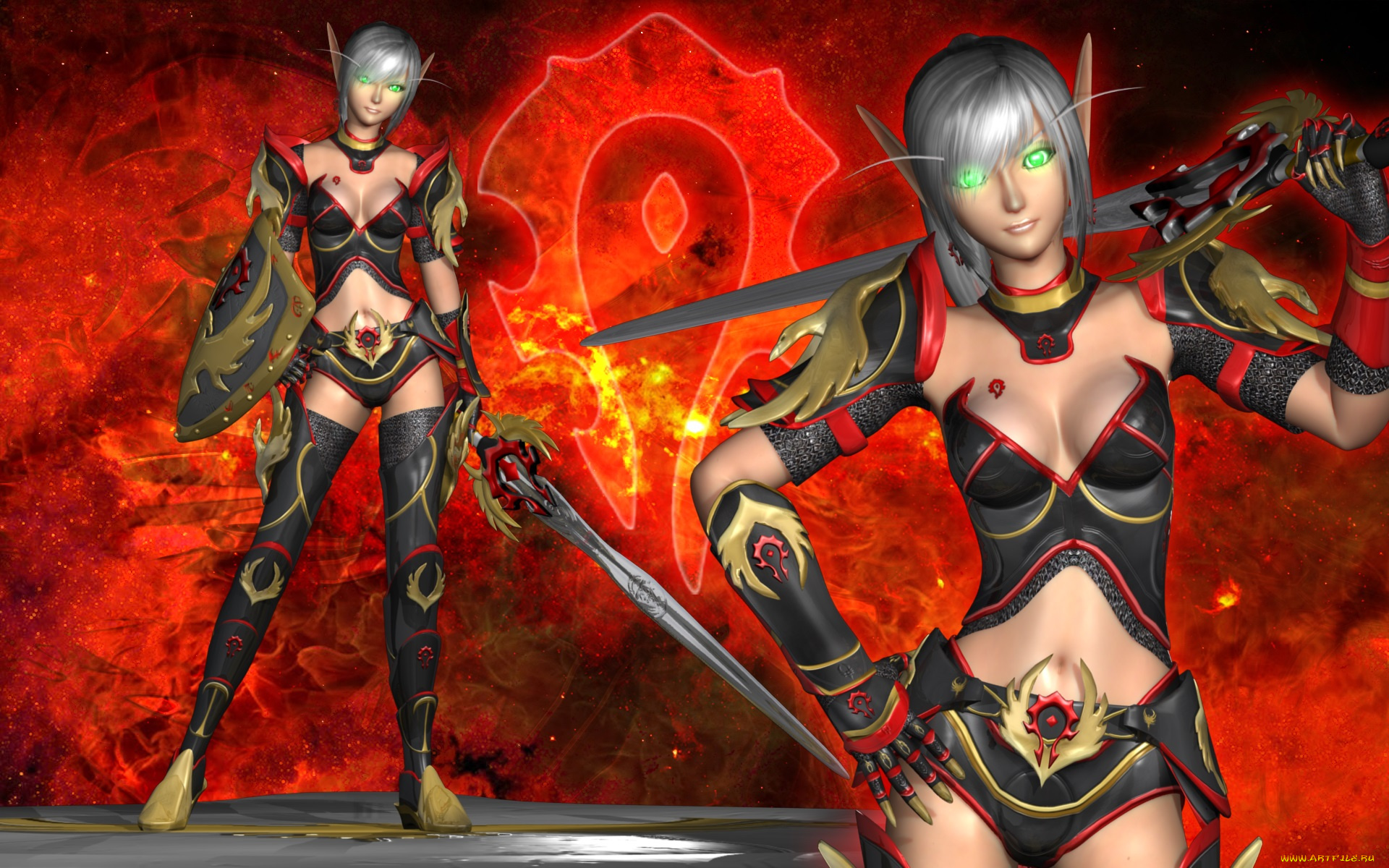 3д, графика, эльфы, , elves, оружие, взгляд, фон, магия, эльфийки