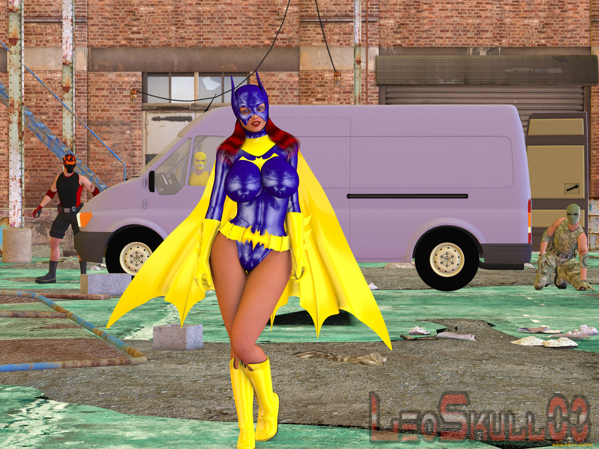 летучая, , мышь, 3д, графика, фантазия, , fantasy, автомобиль, фон, девушка, взгляд, улица, накидка