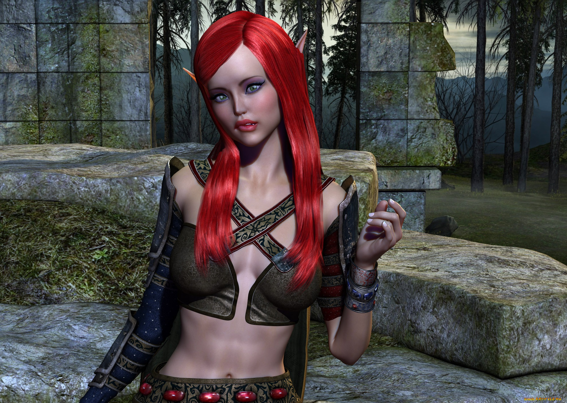 3д, графика, эльфы, , elves, фон, взгляд, эльфийка