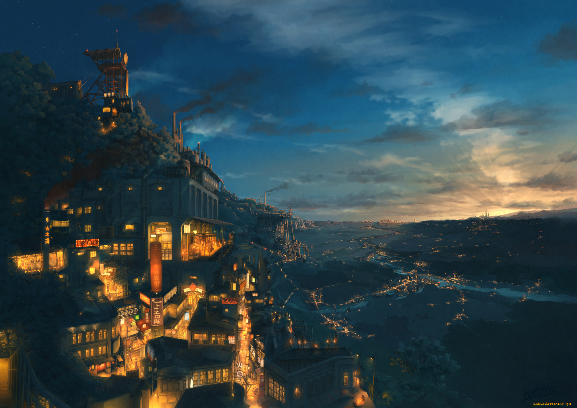 аниме, город, , улицы, , здания, закат, вечер, арт, poti1990, pochi, огни, небо, пейзаж