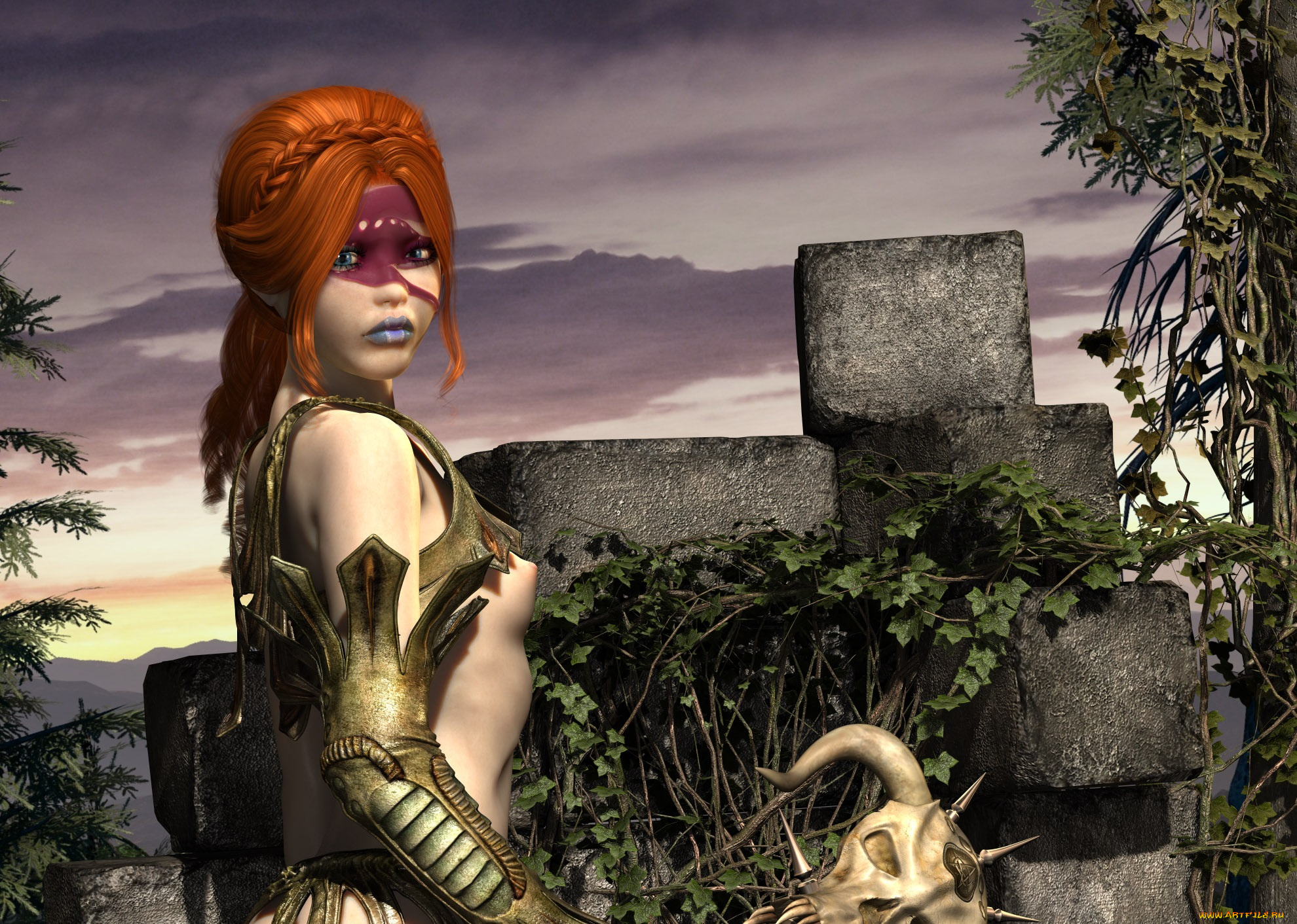 3д, графика, эльфы, , elves, фон, взгляд, девушка, рыжая, череп, грудь