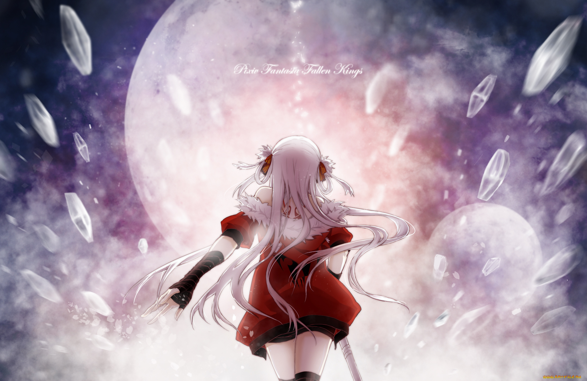 аниме, pixiv, fantasia, kageis, fantasia, pixiv, кристаллы, луна, спина, девушка, арт