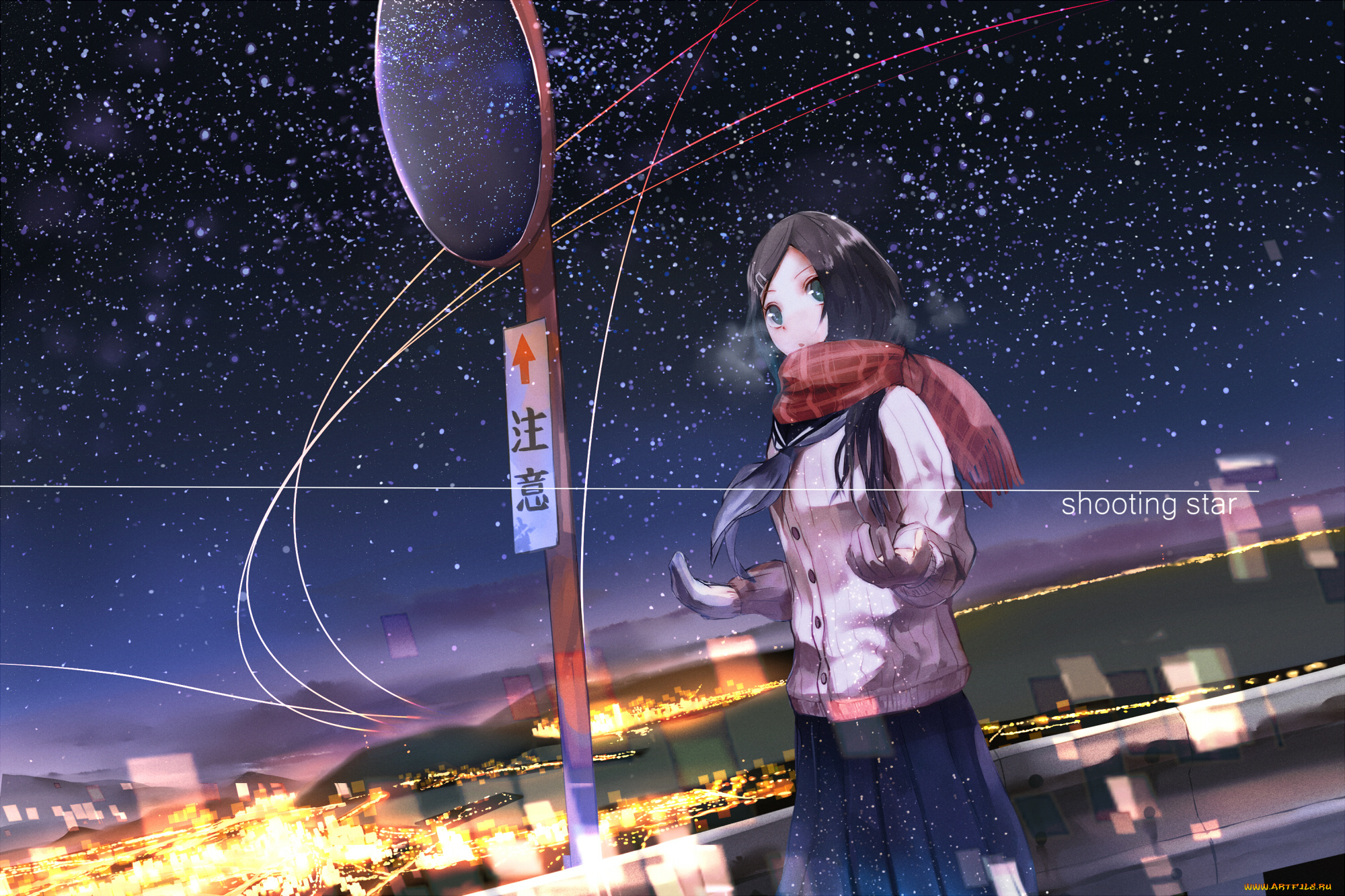 аниме, зима, , новый, год, , рождество, djyui, огни, здания, снег, ночь, небо, зеркало, перчатки, город, улицы, шарф, девушка