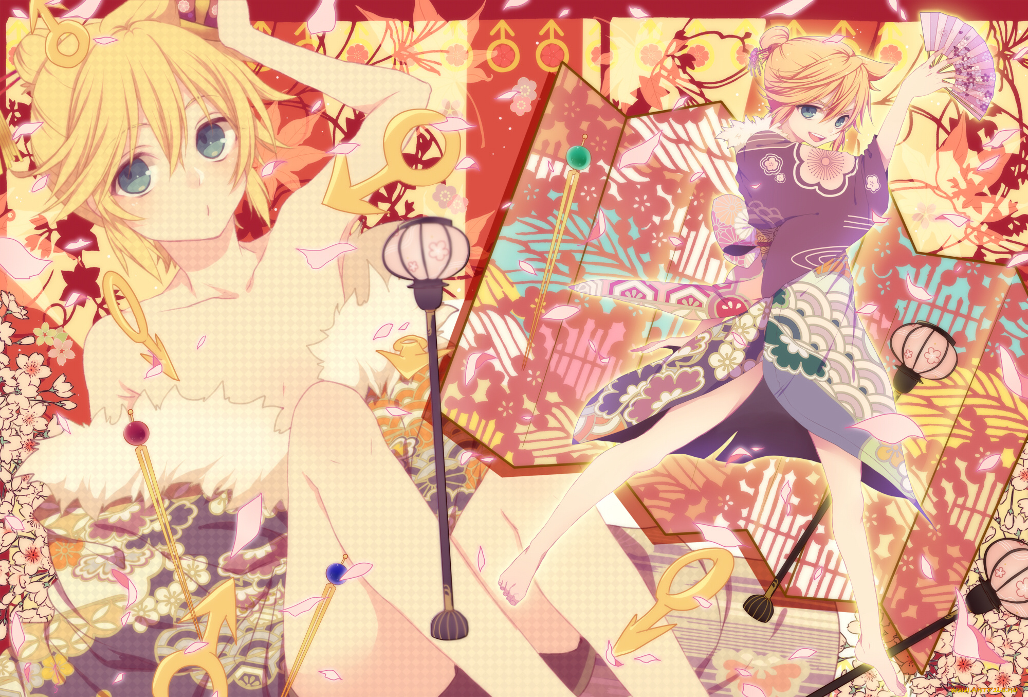 аниме, vocaloid, kagamine, len, парень, вокалоид, кимоно, веер