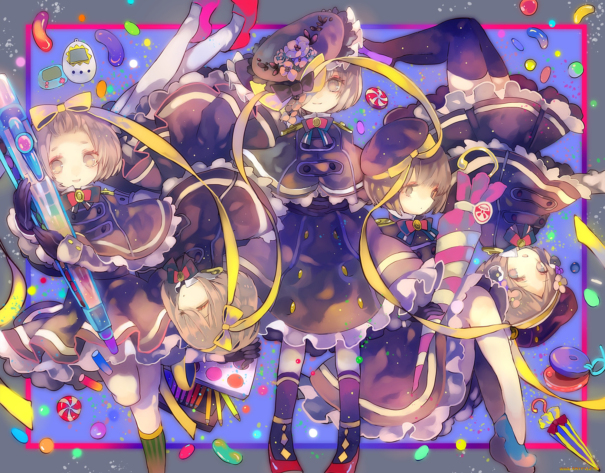 аниме, unknown, , другое, арт, cha, goma, банты, ленты, карандаши, ручки, краски, девушки, ярко