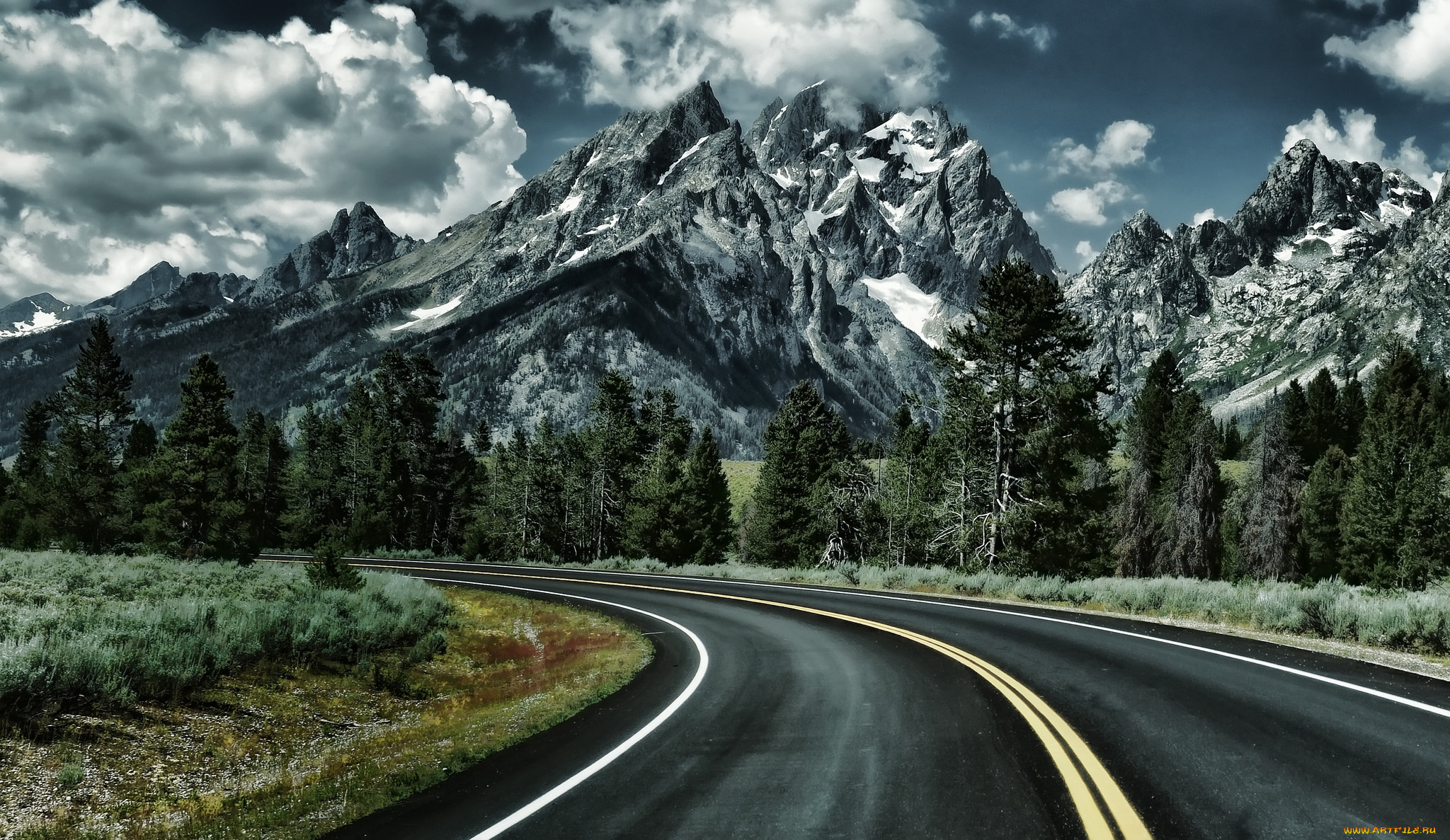 природа, дороги, горы, лес, облака, трасса