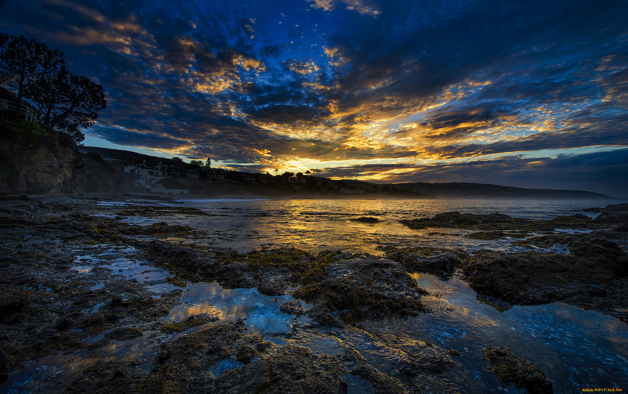 природа, восходы, закаты, небо, облака, закат, горы, озеро, деревья, дом