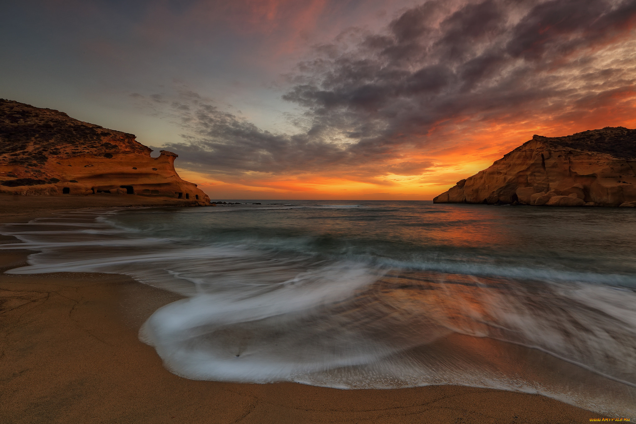 природа, побережье, океан, бухта, скалы, заря