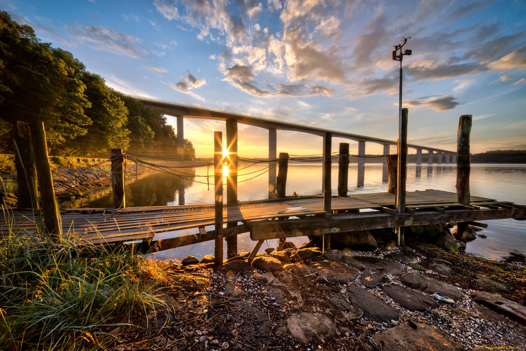 природа, восходы, закаты, вода, мостик, солнце, лучи
