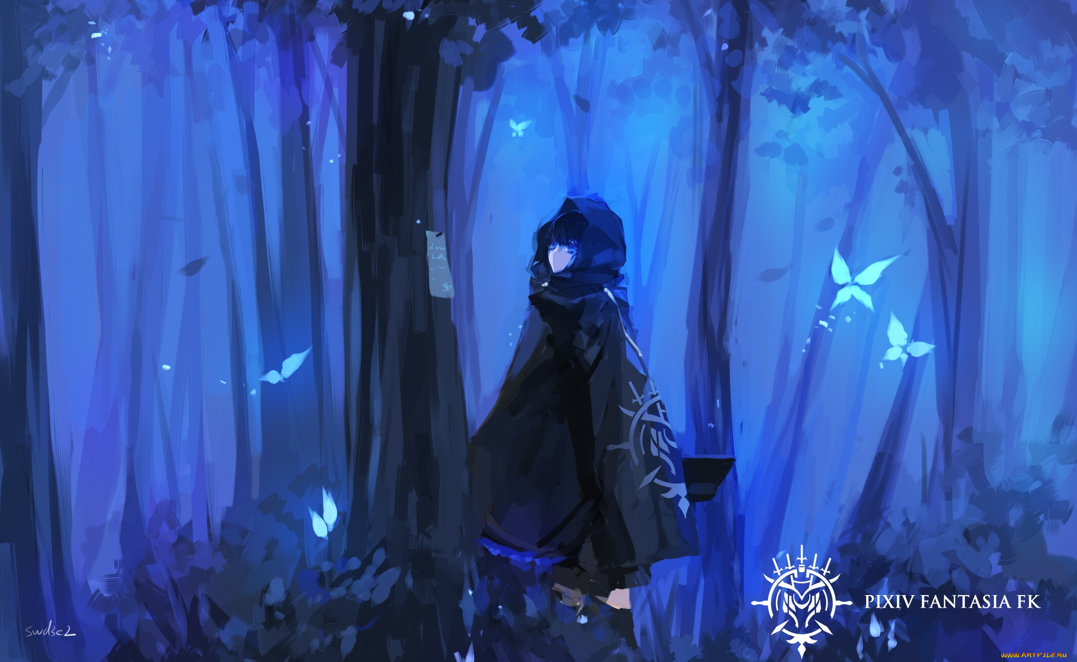 аниме, pixiv, fantasia, pffk, paradise, fantasia, pixiv, брюнетка, девушка, сумерки, туман, бабочки, деревья, лес, арт, swd3e2