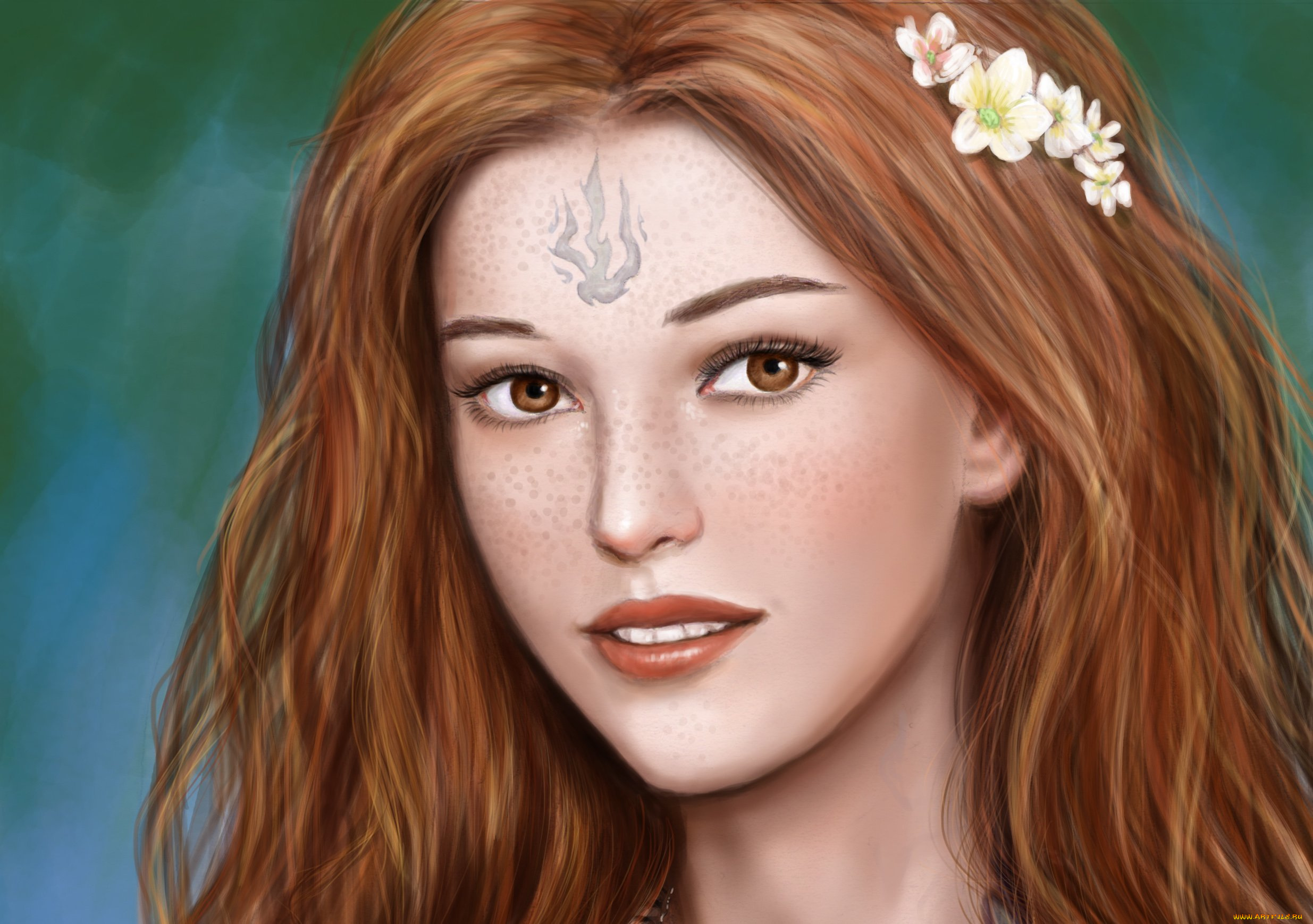рисованное, люди, арт, живопись, цветы, улыбка, волосы, взгляд, лицо, девушка