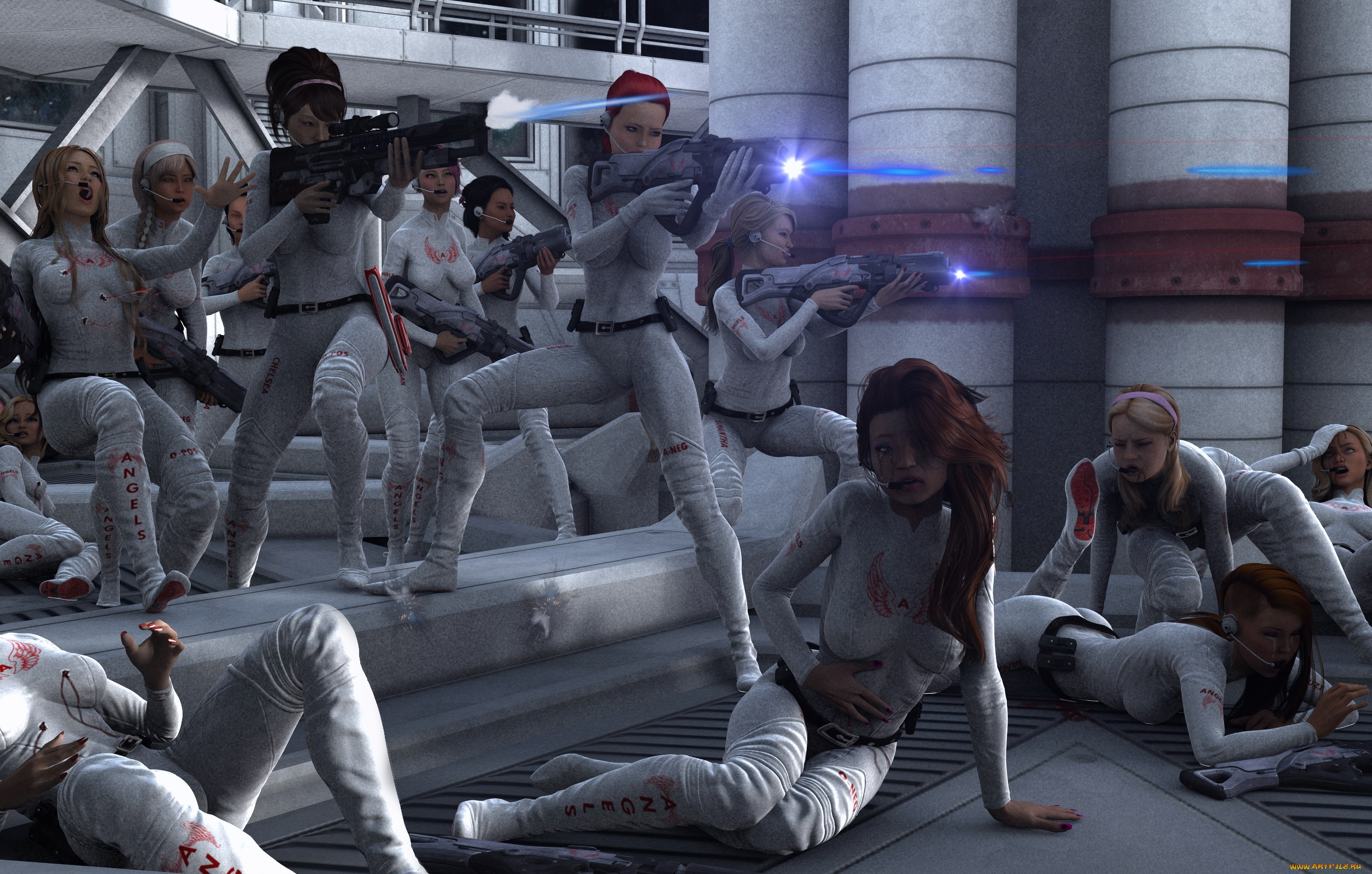 3д, графика, фантазия, , fantasy, лестница, бой, оружие, девушки