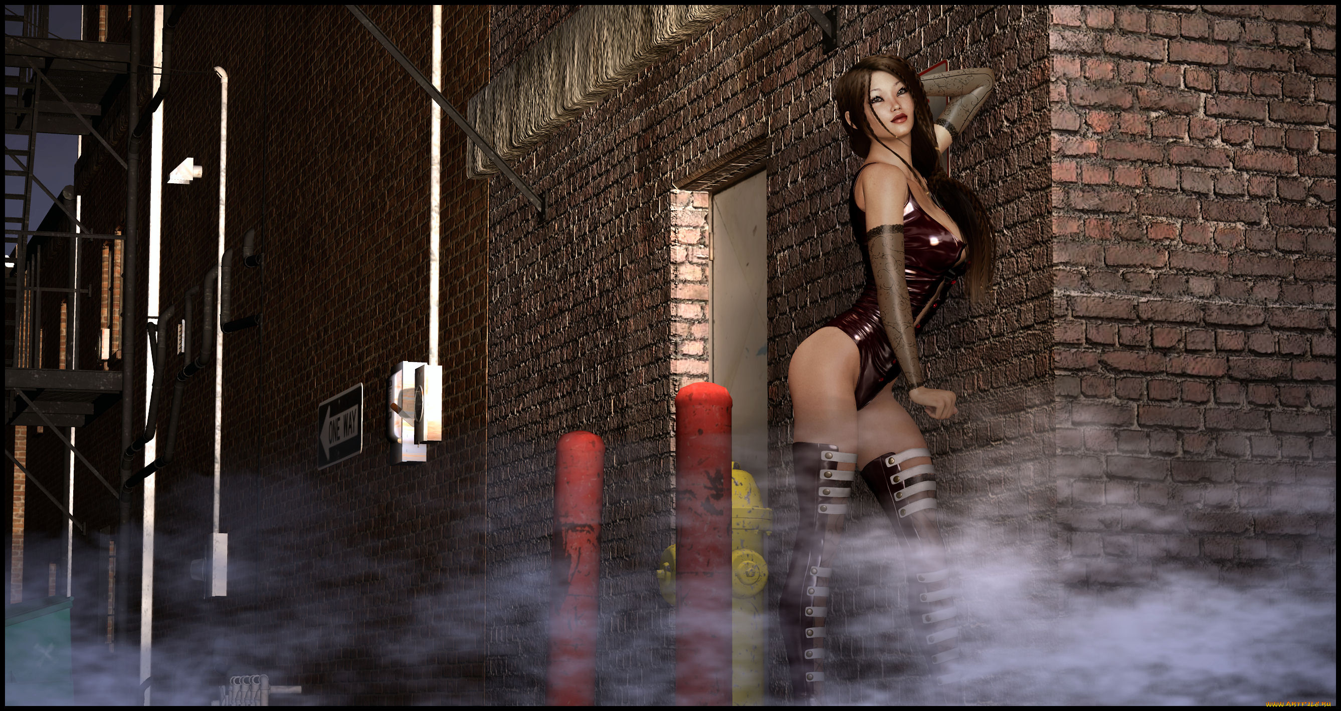 3д, графика, люди, , people, улица, дом, дымка, девушка, взгляд, фон