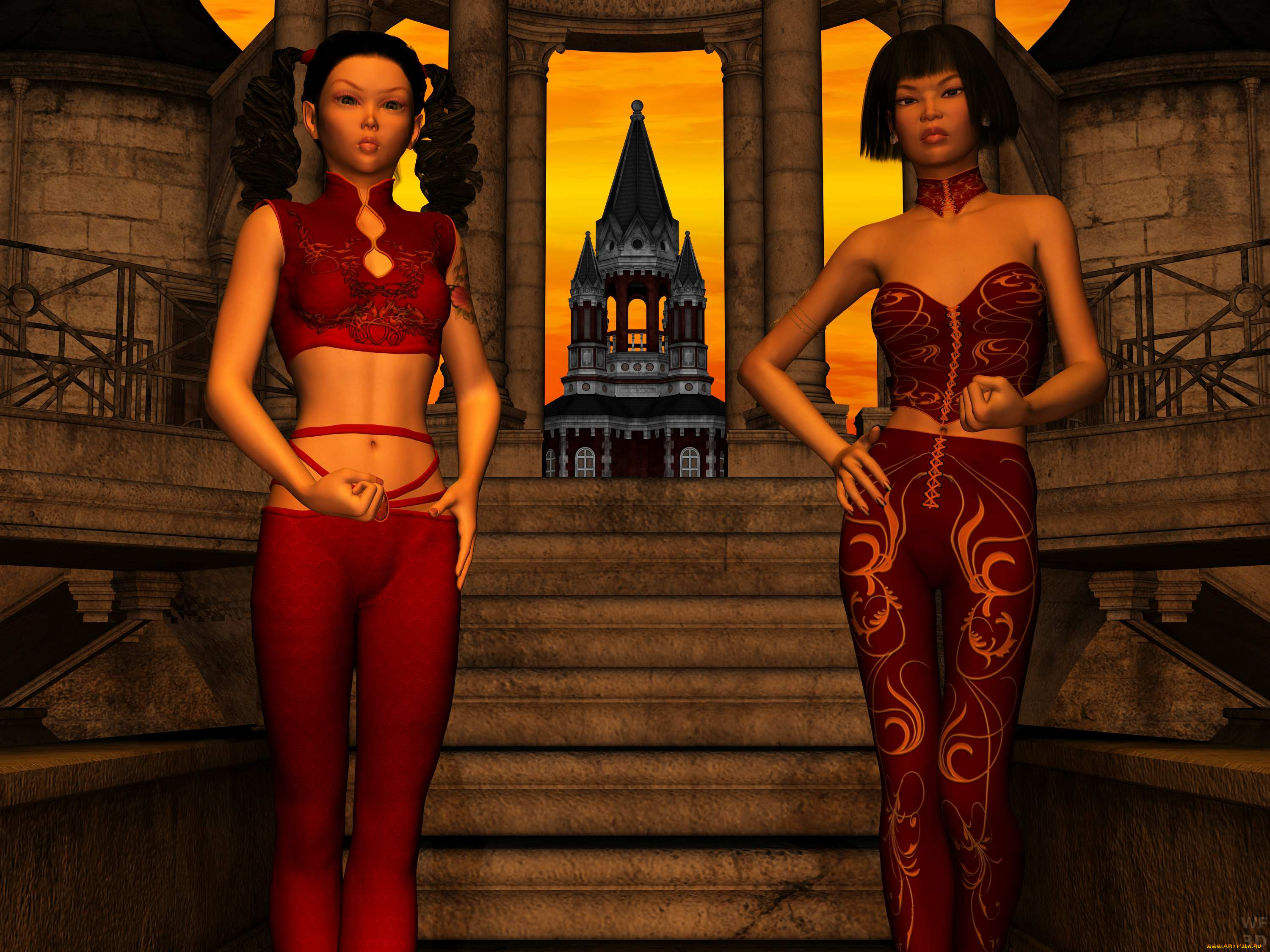 3д, графика, люди, , people, девушки, взгляд, фон, лестница, башня