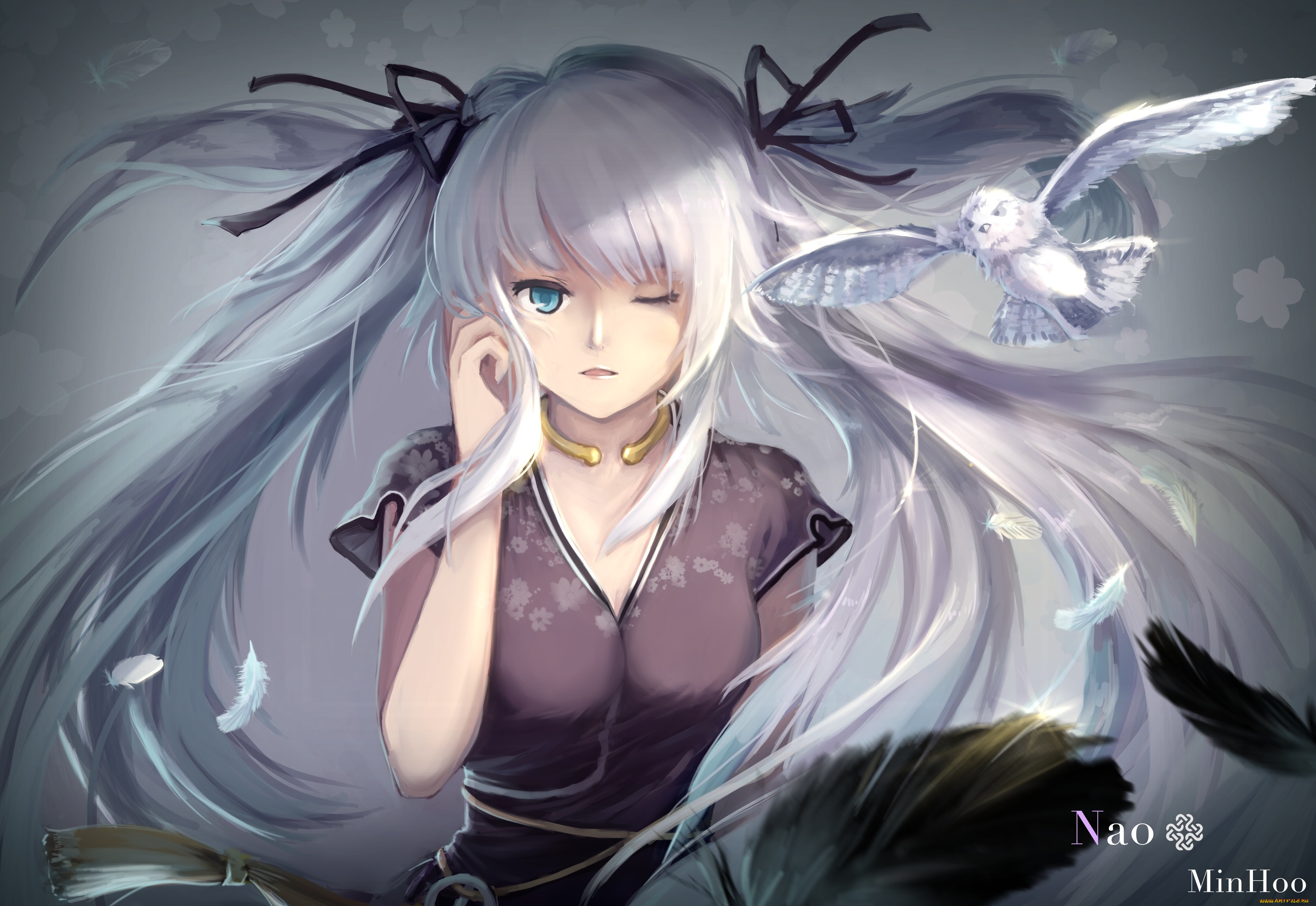 аниме, mabinogi, перья, птица, девушка, арт, взгляд, волосы, серые, minhoo, nao, цветы, сова, животное