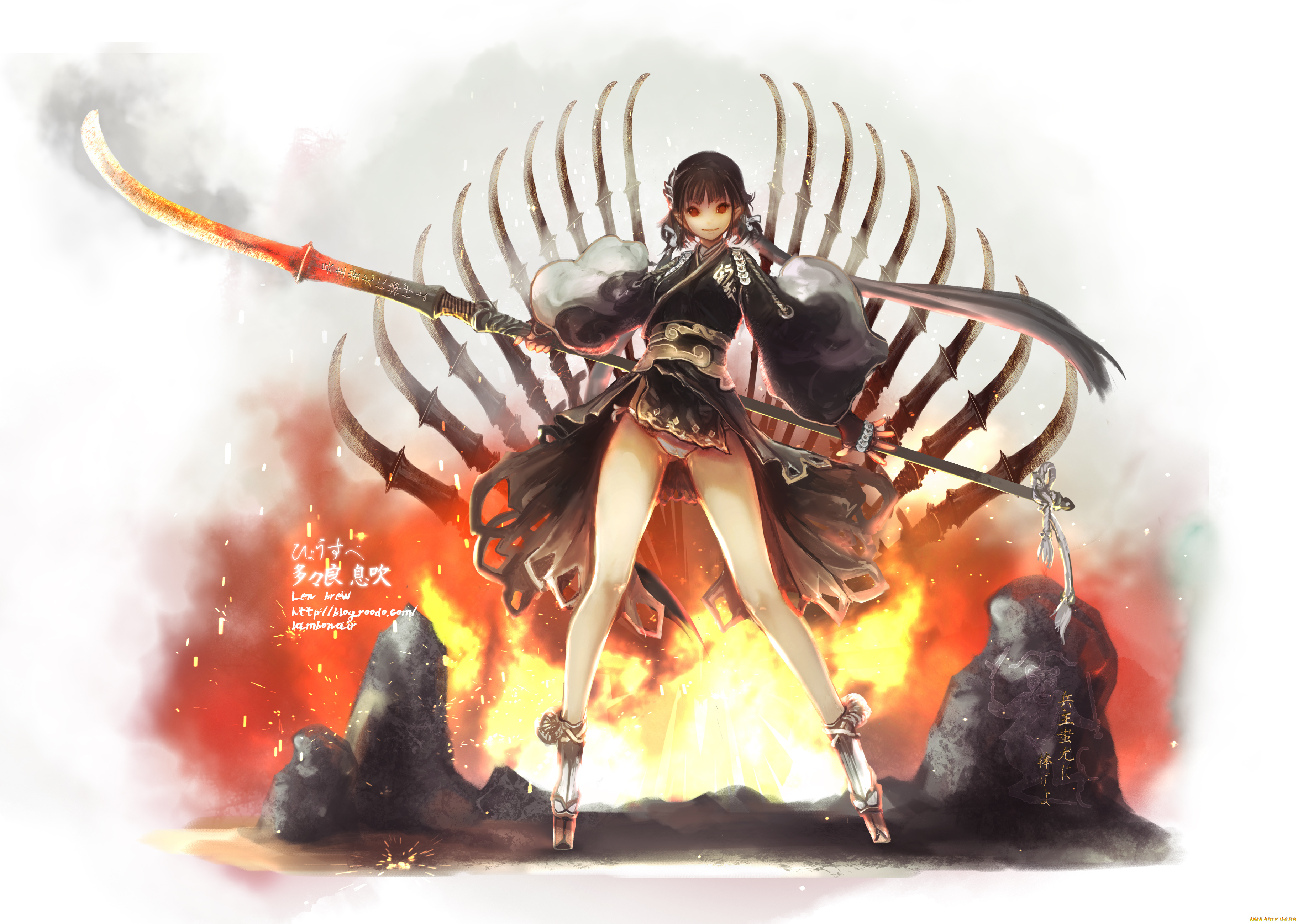 аниме, оружие, , техника, , технологии, поза, взгляд, камни, дым, фон, брюнетка, улыбка, белый, ноги, огонь, девушка, арт, brew, len