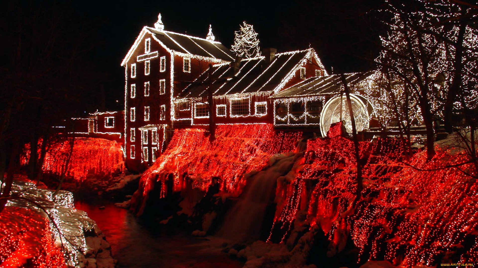 праздничные, новогодние, пейзажи, иллюминация, дом, река