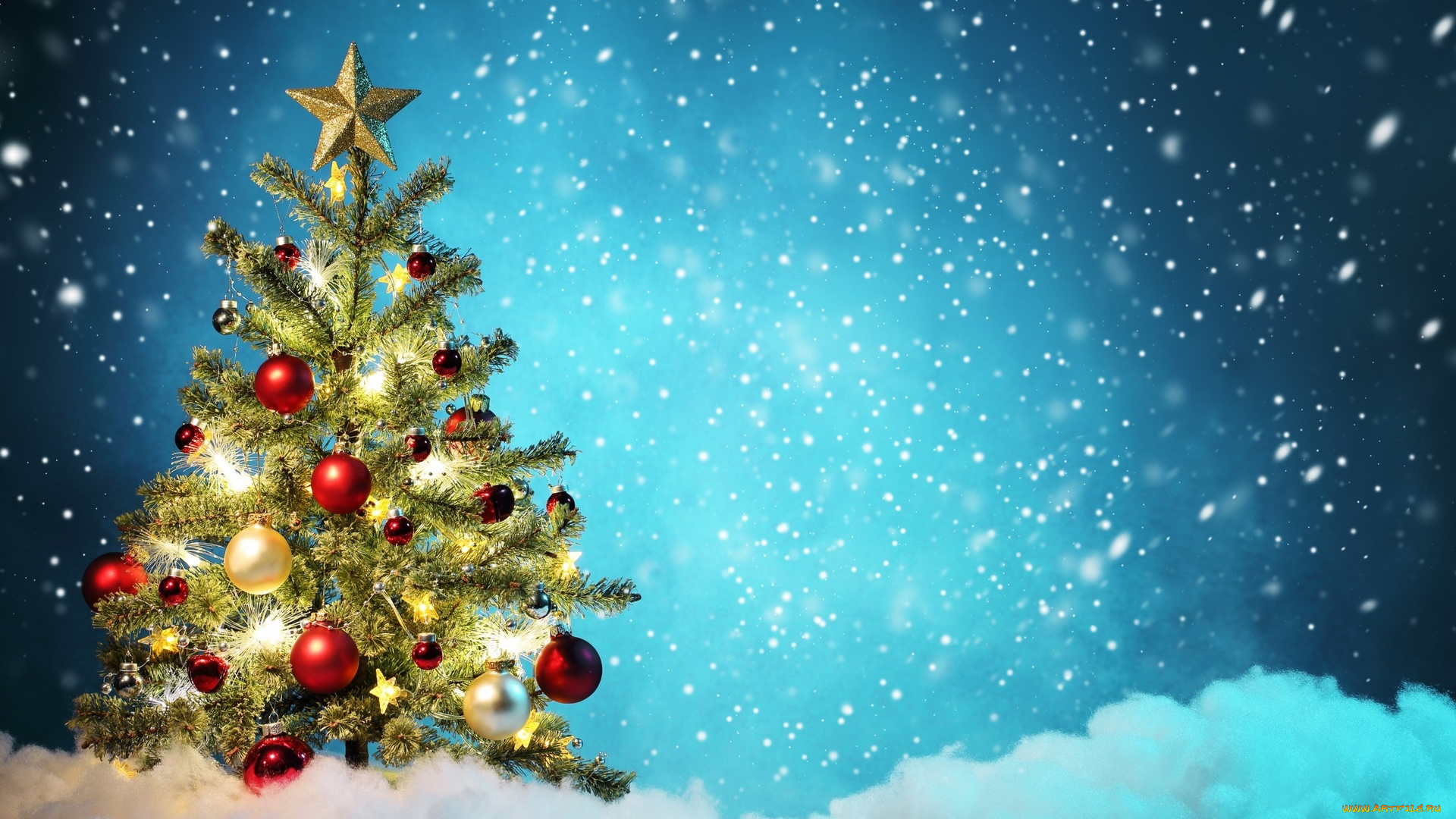 праздничные, Ёлки, снег, украшения, шары, ёлки, игрушки, снегопад