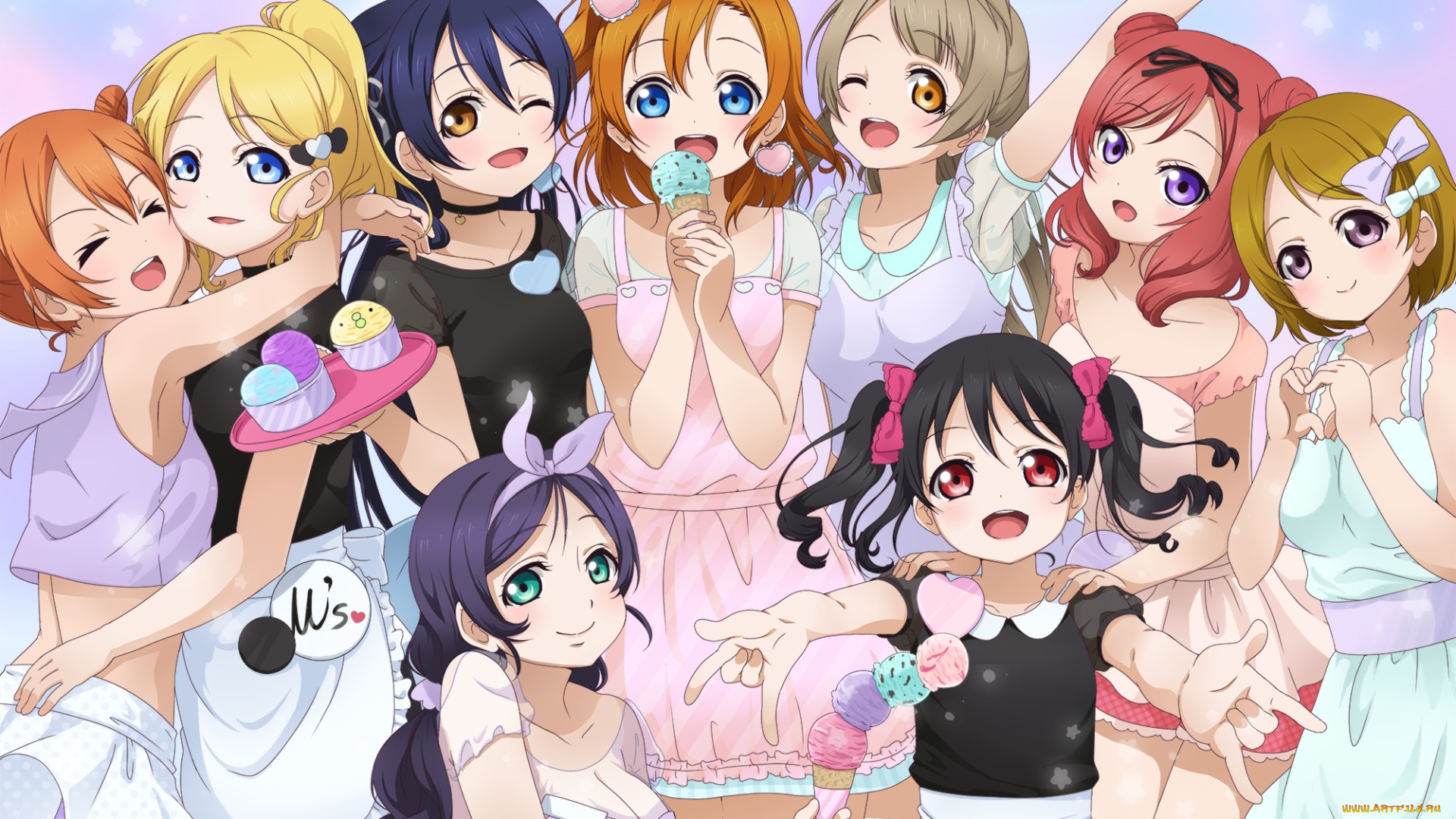аниме, love, live, , school, idol, project, девушки, фон, взгляд