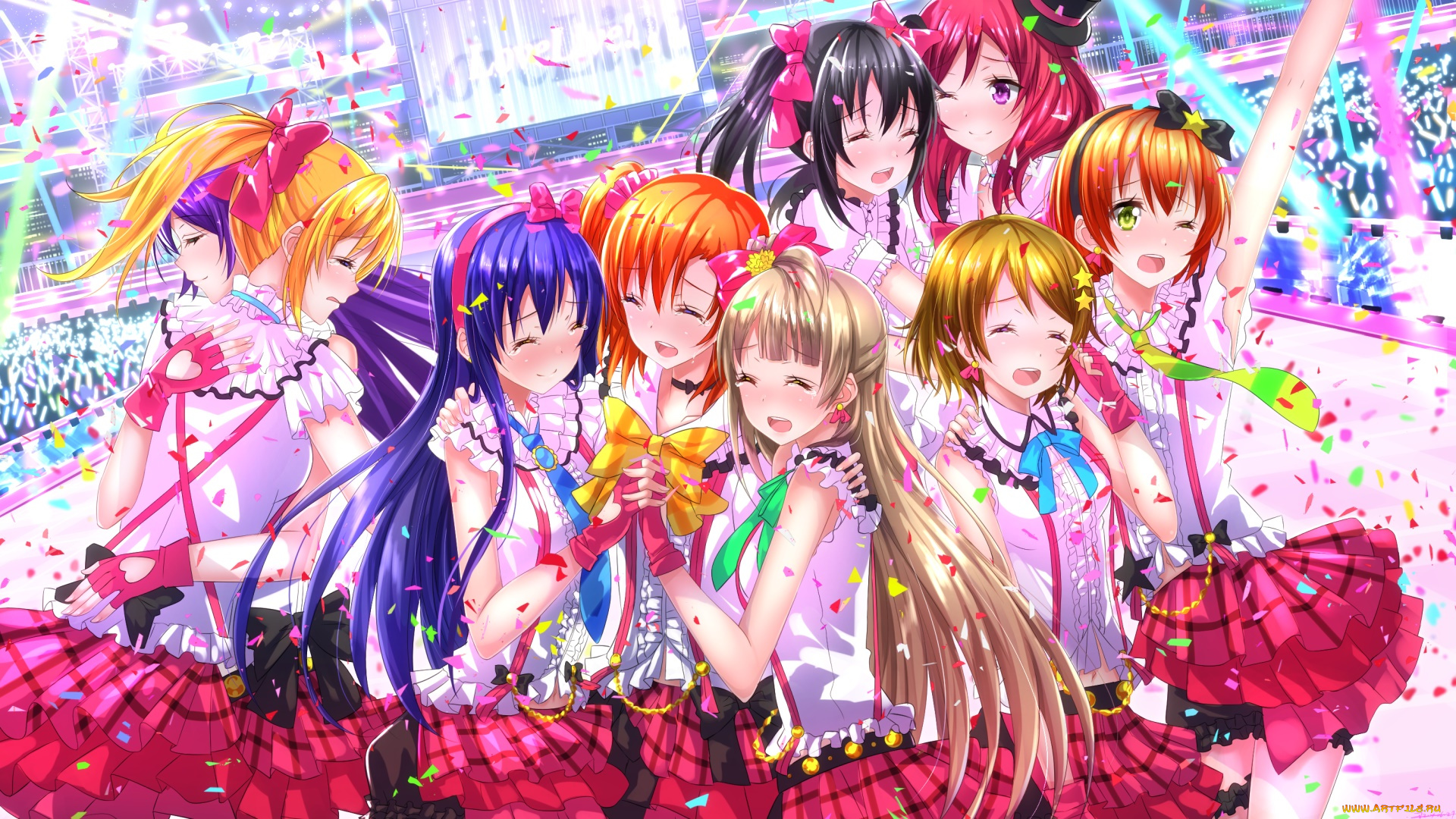 аниме, love, live, , school, idol, project, взгляд, девушки, фон