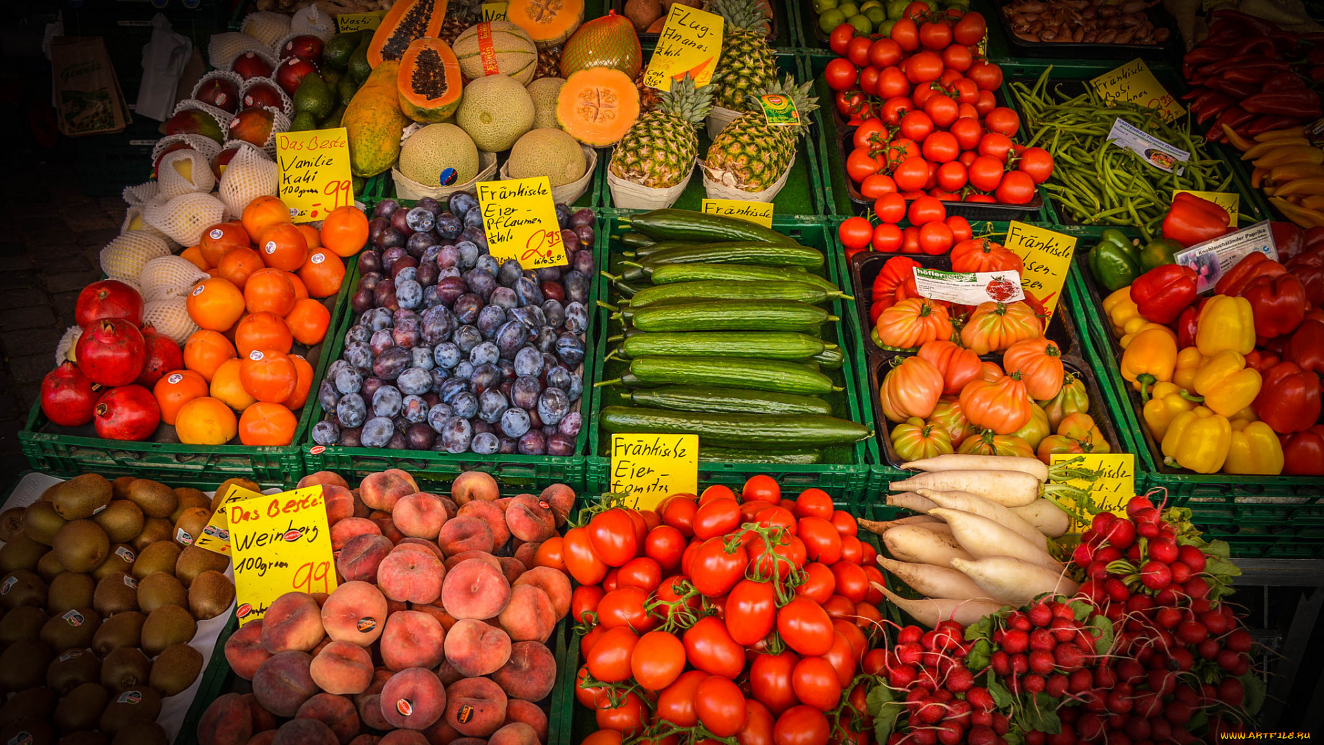 еда, фрукты, и, овощи, вместе, прилавок