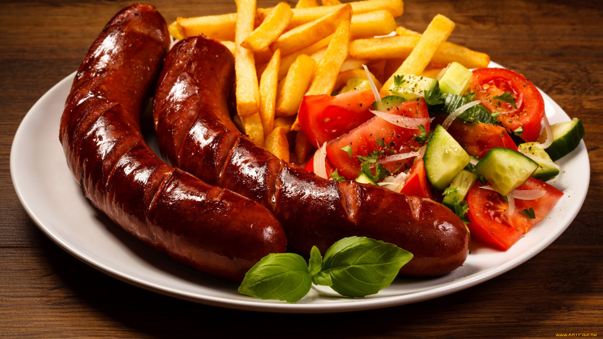 еда, колбасные, изделия, овощи, колбаски, салат, картофель, базилик, фри