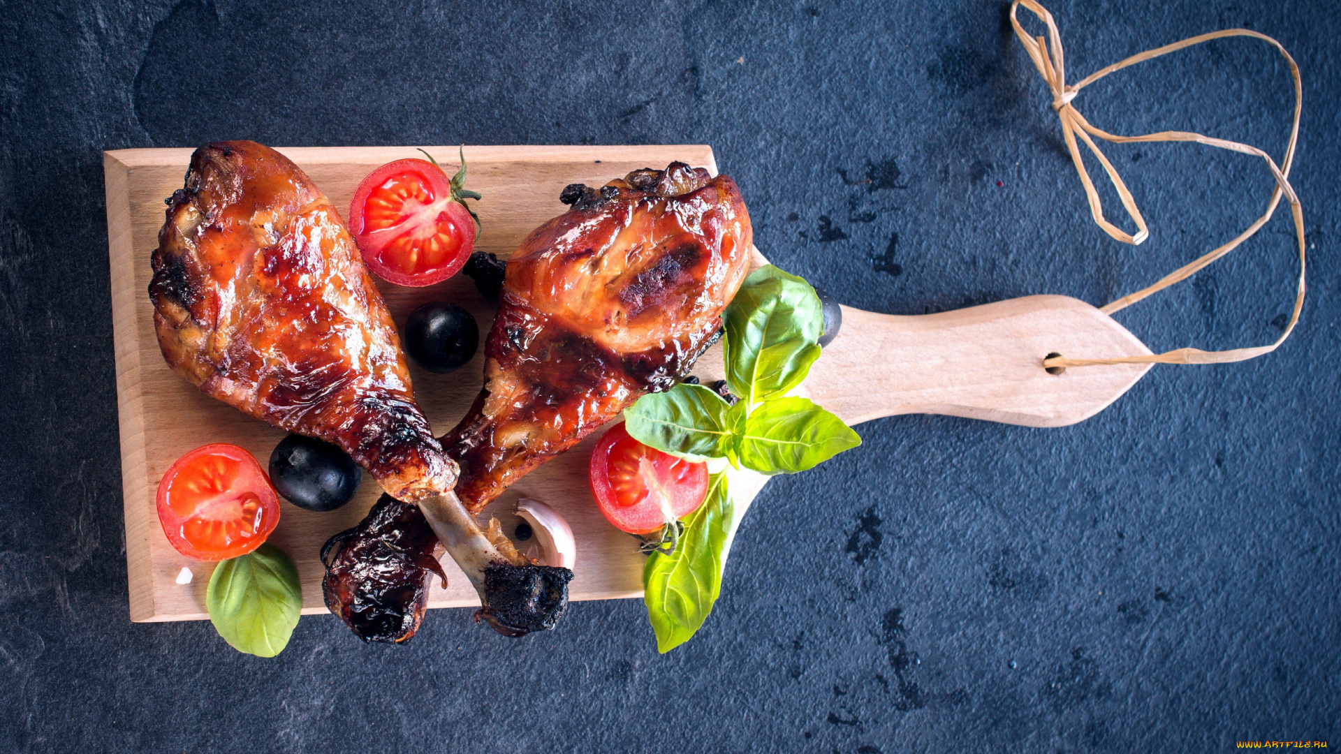 еда, мясные, блюда, маслины, базилик, помидор, куриные, ножки