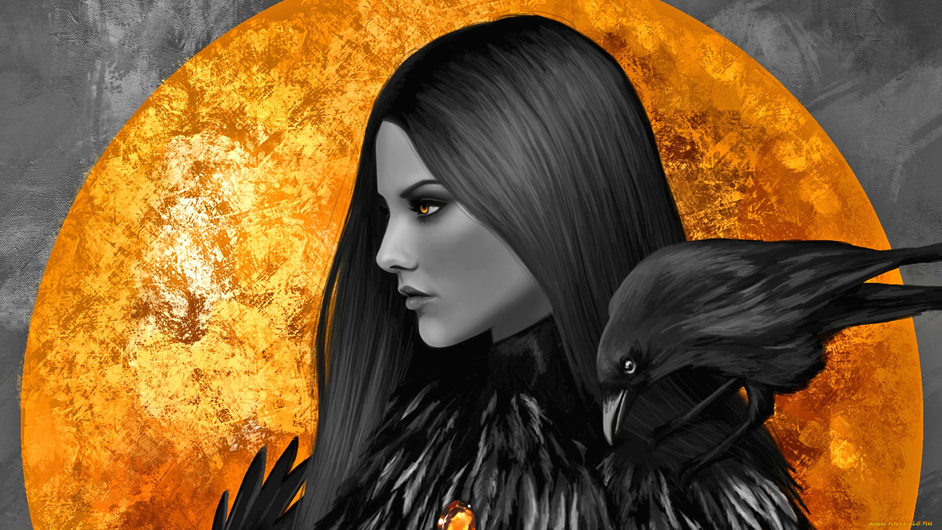 фэнтези, девушки, взгляд, девушка, ворона, фон