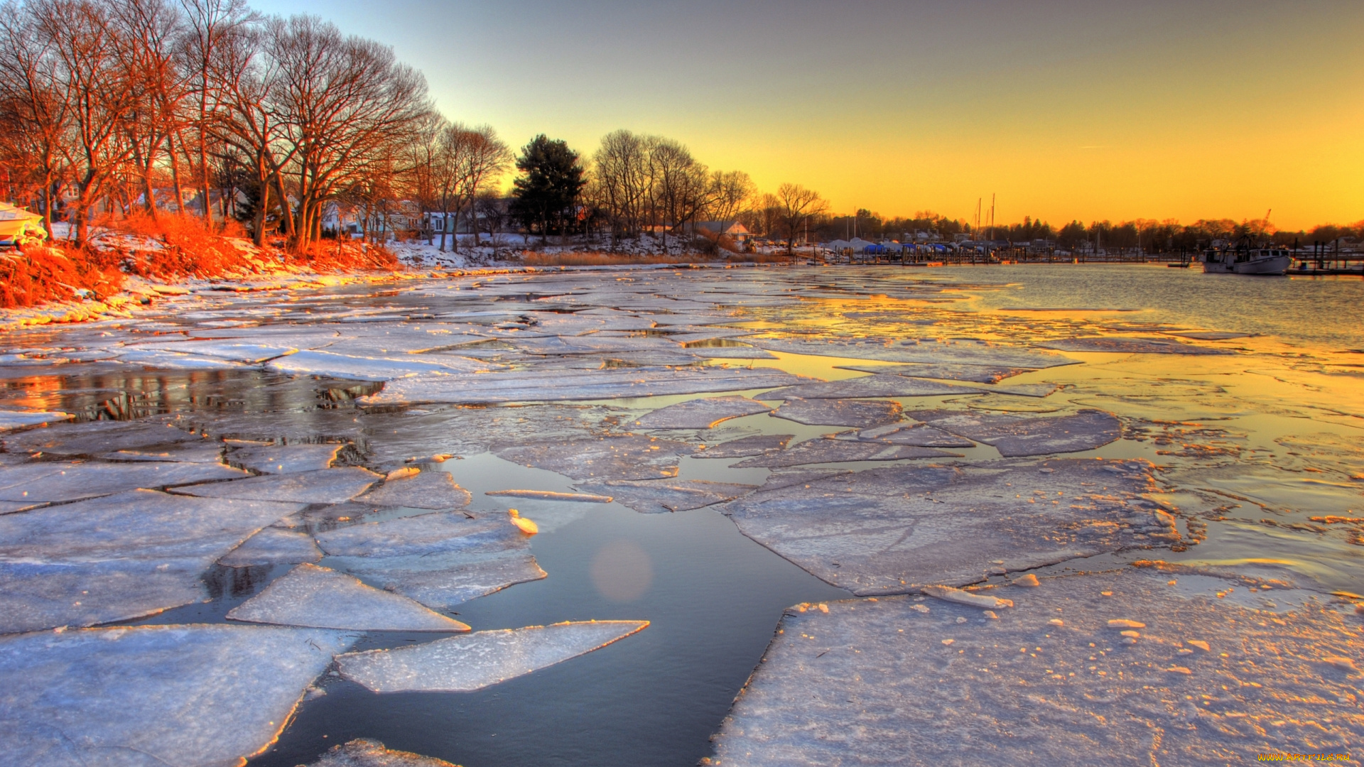 природа, реки, озера, река, закат, лед, ледоход