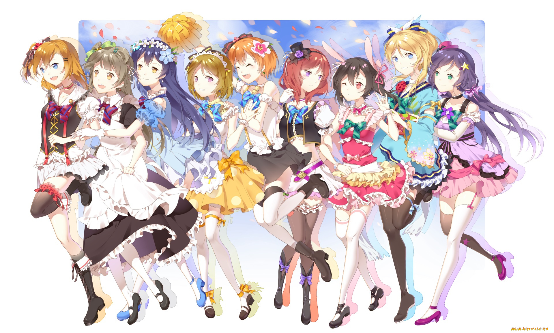 аниме, love, live, , school, idol, project, взгляд, девушки, фон