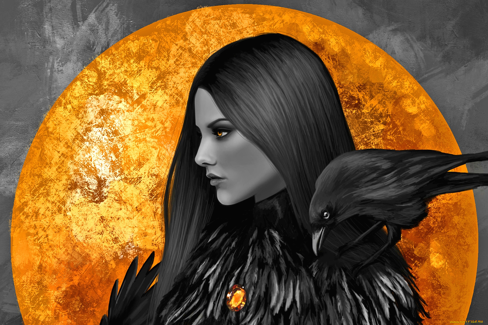 фэнтези, девушки, взгляд, девушка, ворона, фон