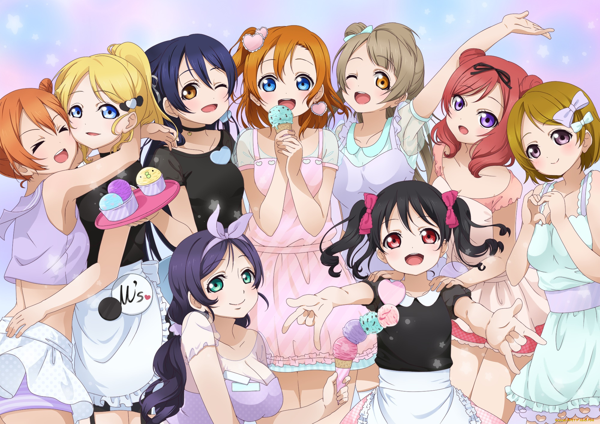 аниме, love, live, , school, idol, project, девушки, фон, взгляд