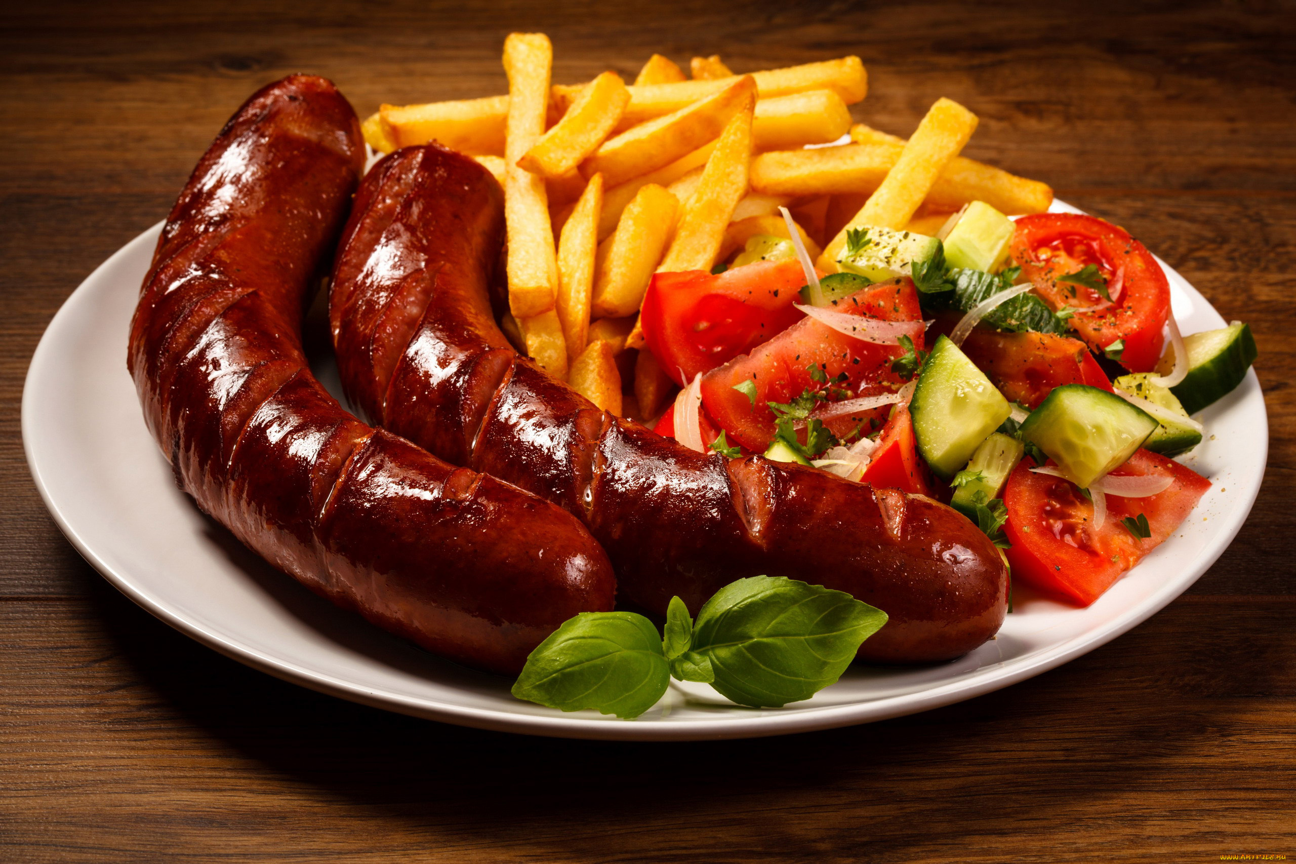 еда, колбасные, изделия, овощи, колбаски, салат, картофель, базилик, фри